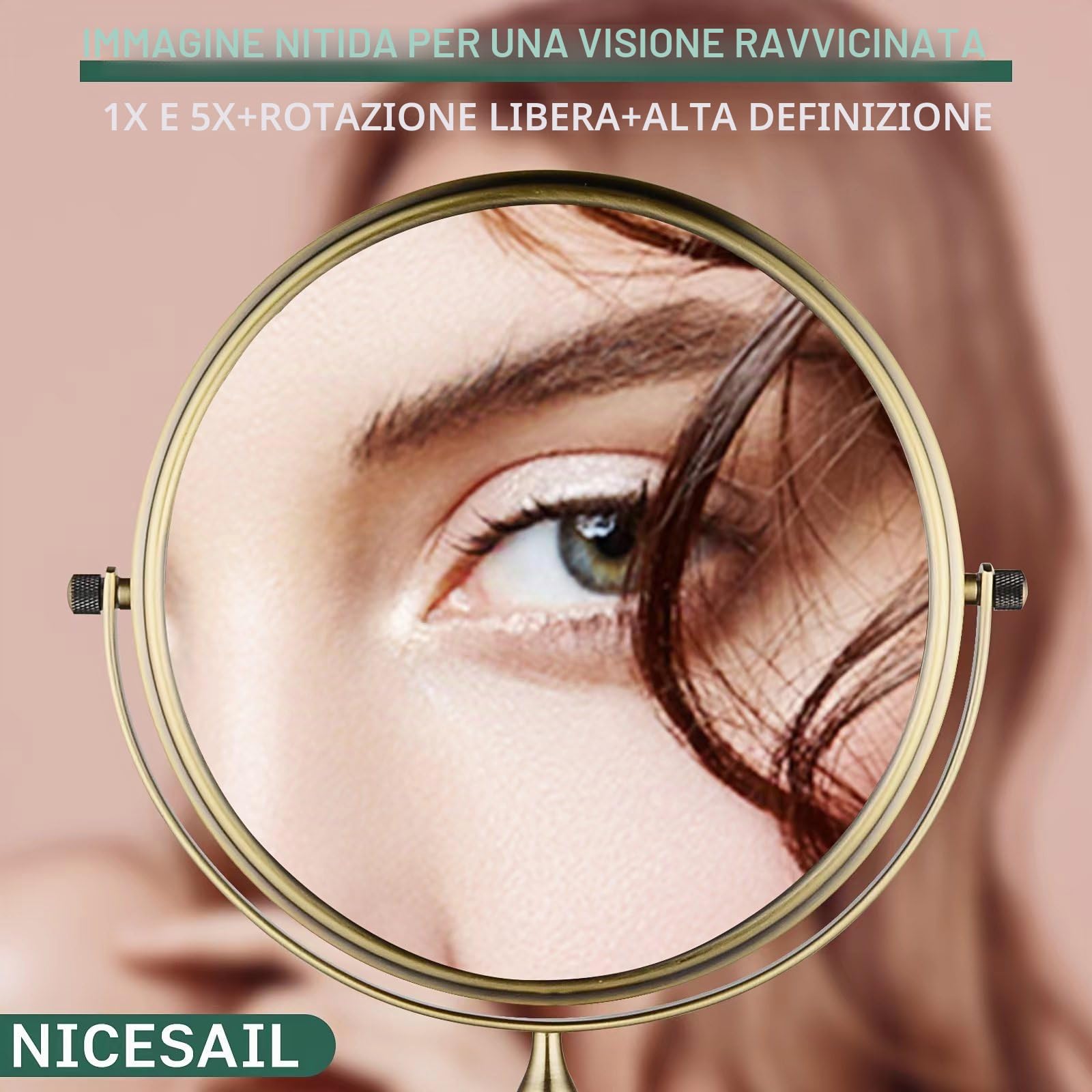 Nicesail Specchio Trucco da Tavolo Dorato Specchio Ingranditore 5x-Impermeabile e Antiruggine-Specchio Bifacciale,Diametro 20 cm