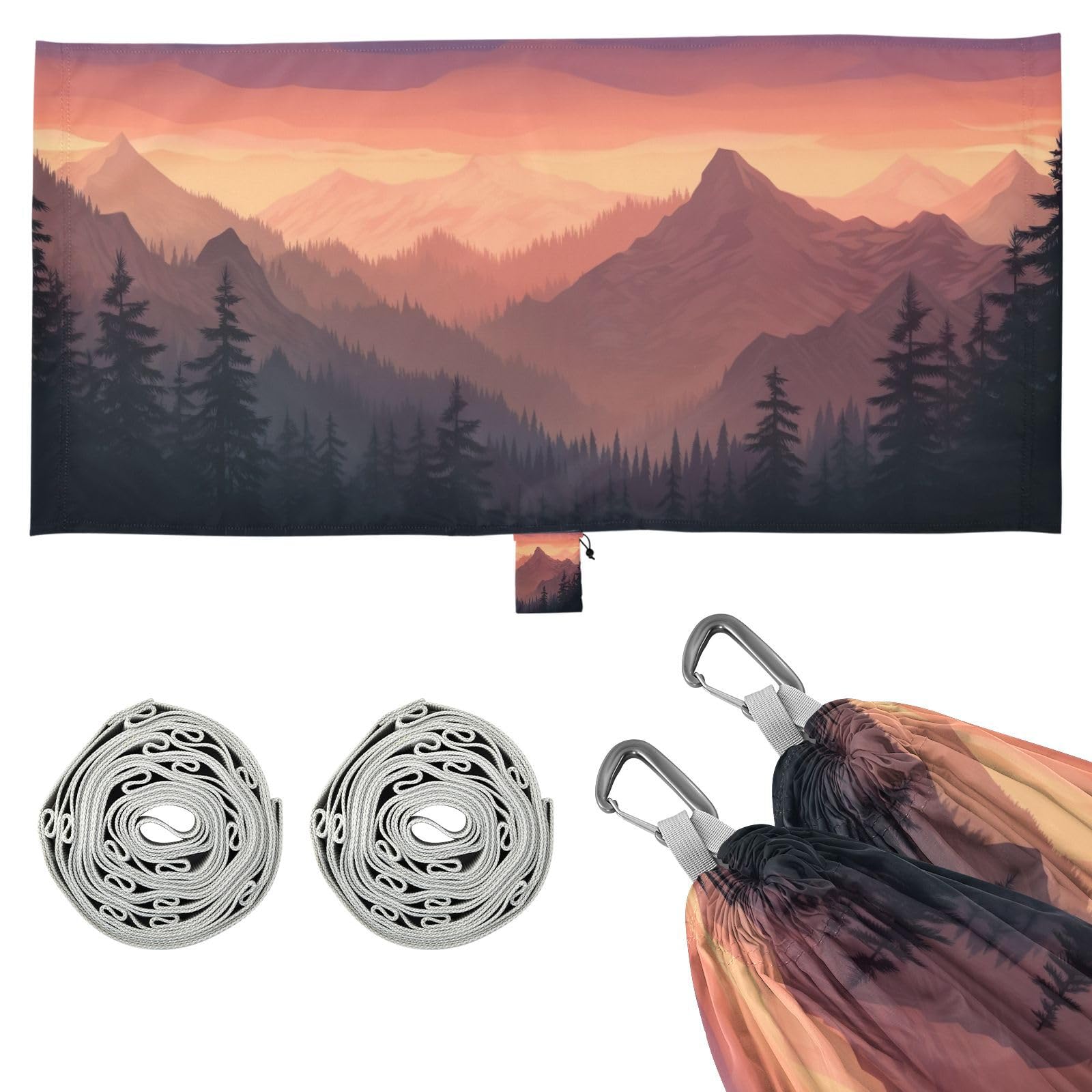 Haskirky Sunrise Mountains Camping Hammock, Single Portable Hammocks with Tree Straps & Attached Carry Bag, 330Lbs Capacity Perfect for Outside Indoor Hiking Beach Backpack Travel