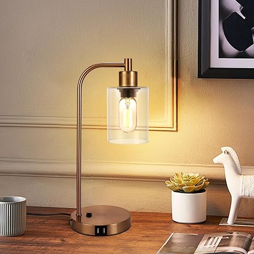 Tomsurch Lámpara de mesa industrial con 2 puertos de carga USB, lámpara de escritorio dorada, base E26, lámpara de lectura moderna con pantalla de