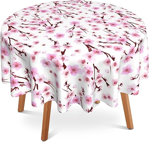 Miniatura 1 de Mantel redondo de flores de cerezo de 60 pulgadas, impermeable, resistente al calor, para cocina, comedor, interior, exterior, decoración de casa de
