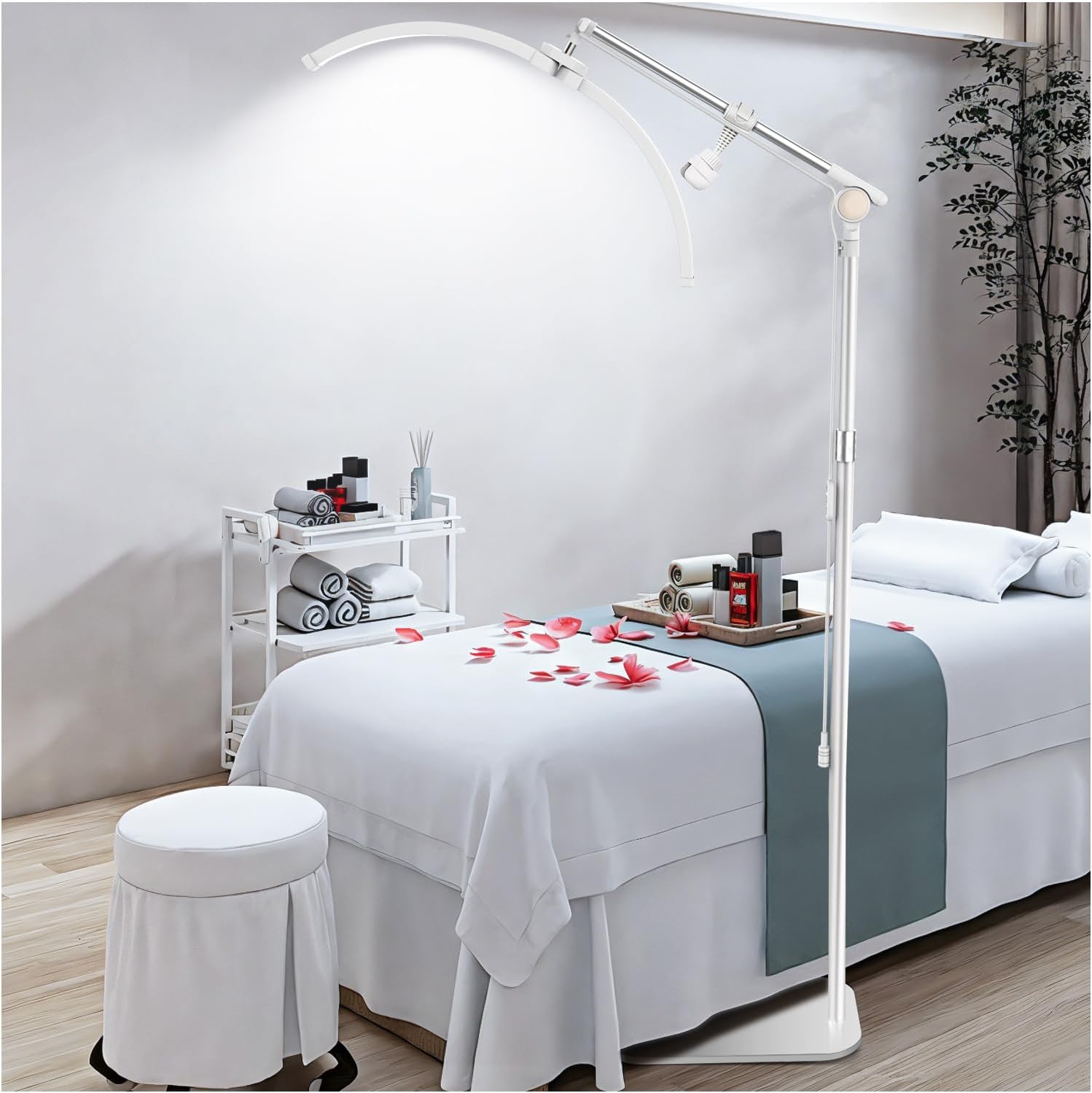 yAyusi Lash Light for Eyelash Tech, Foldable Floor Lash Lamp for Eyelash Extensions, LED Half Moon Light Lash Tech with Phone Holder, Dimmable Esthetician Light for Eyelash/Skincare/Tattoo (White)