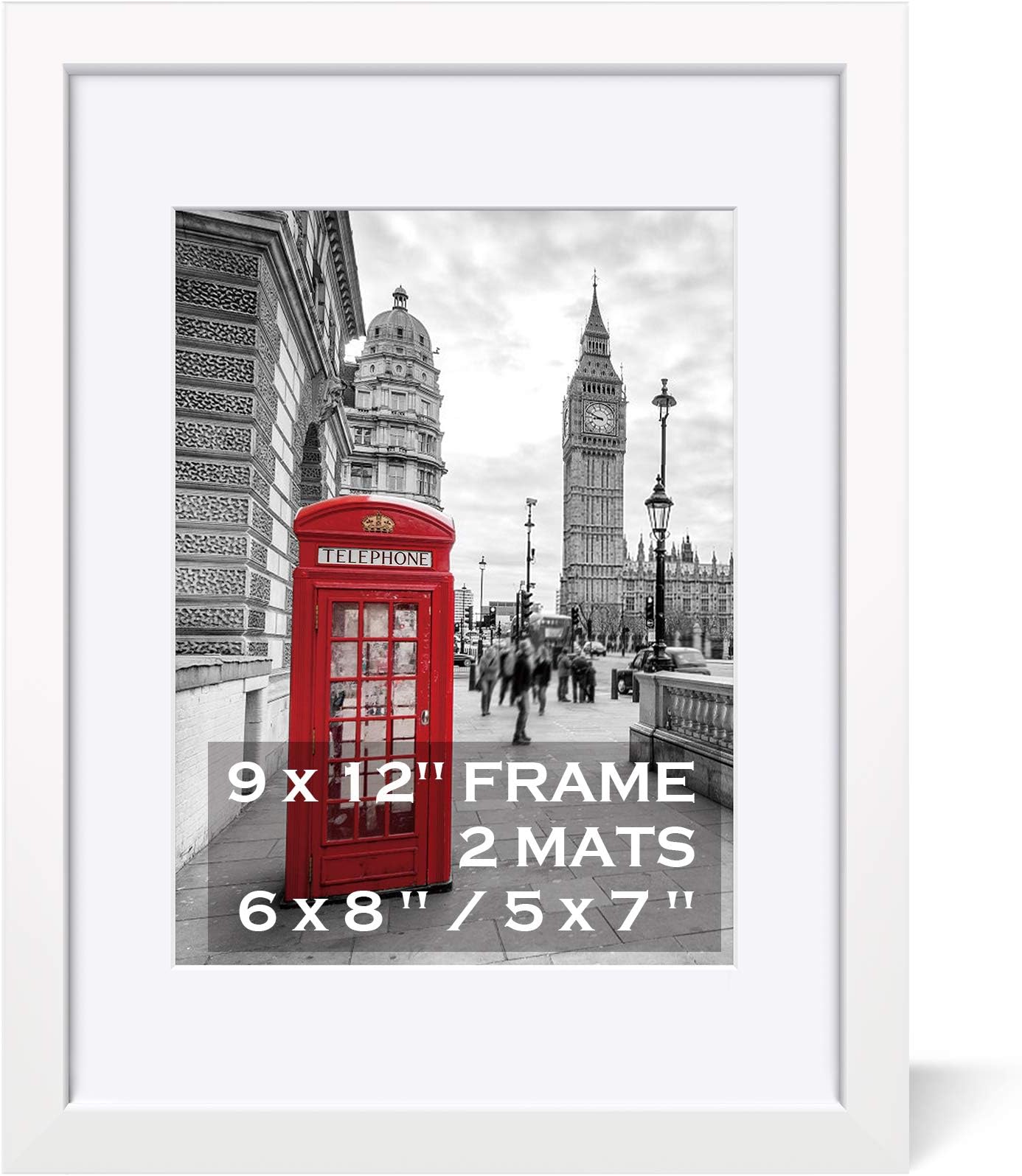 9x12 Picture Frames in White Display Pictures 6x8 or 5x7 with Mat or 9x12 without Mat - Wooden Photo Frame with 2 Mats Made of Solid Wood, Wall Mounting or Table Top Display - 1 Pack