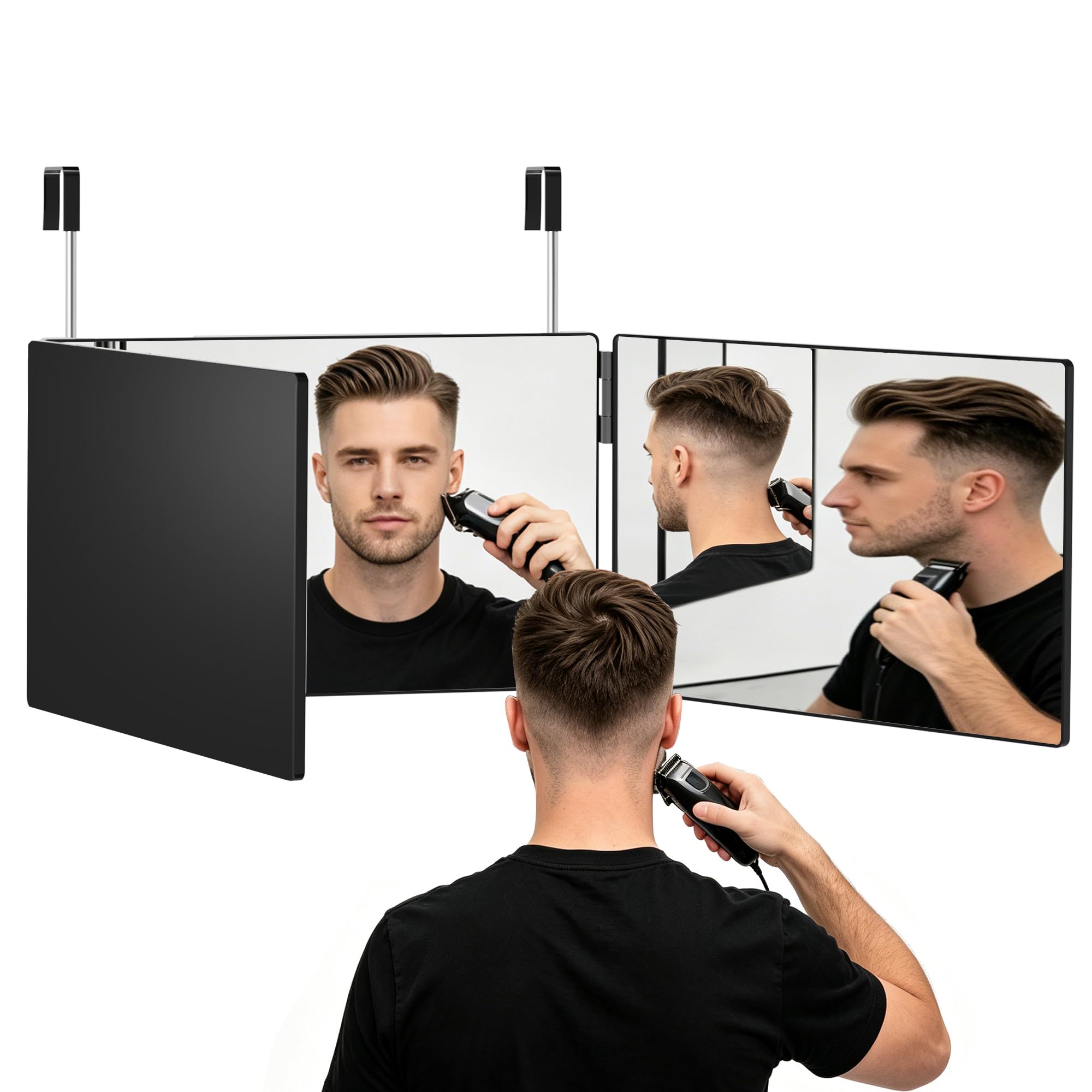 Alsonerbay Miroir à 360 degrés - Crochet télescopique réglable - Miroir de coupe automatique pour homme - 3 piques pour couper les cheveux