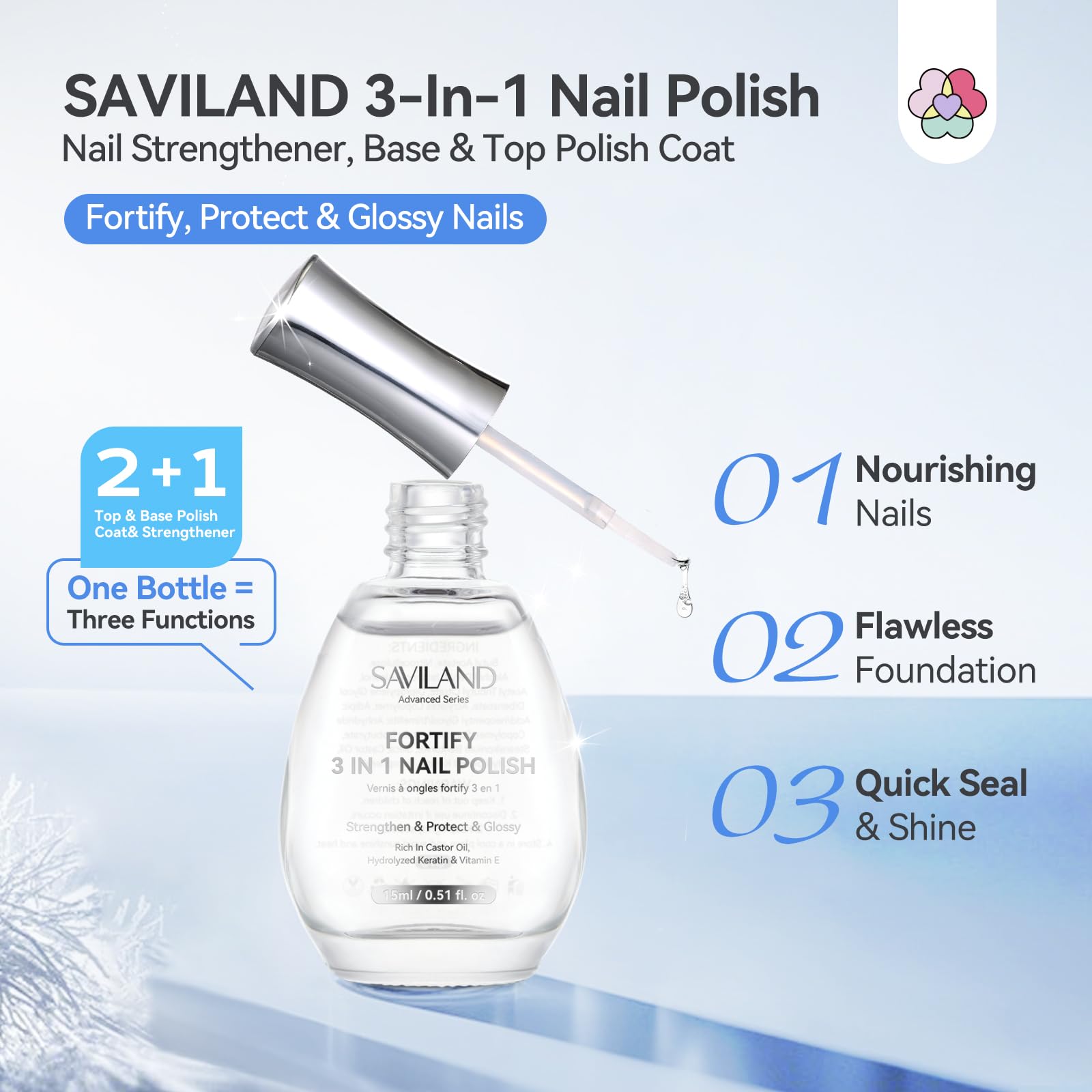 SAVILAND 3 in 1 Base & Top Coat & Nail Strengthener: 15ml Quick Air Dry Clear Nail Polish Strengthener for Damaged & Weak Nails Nail Hardener Extra Strong and Growth for Nail Care Treatment - Image 2
