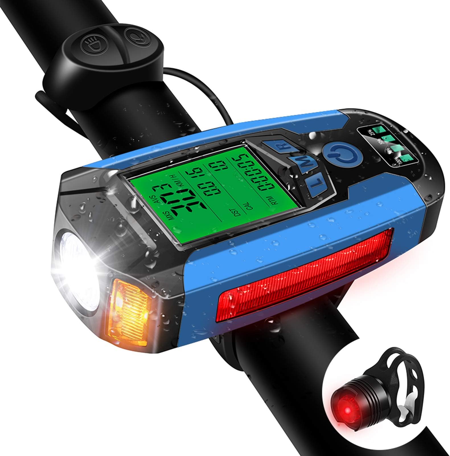 Bike Lights Set with Bike Speedometer,USB Rechargeable Bicycle Computer with Bike Bell, Headlights 5 Lighting Modes Flashlight Commuter- Riding Hiking Camping All Mountain & Road Cycling