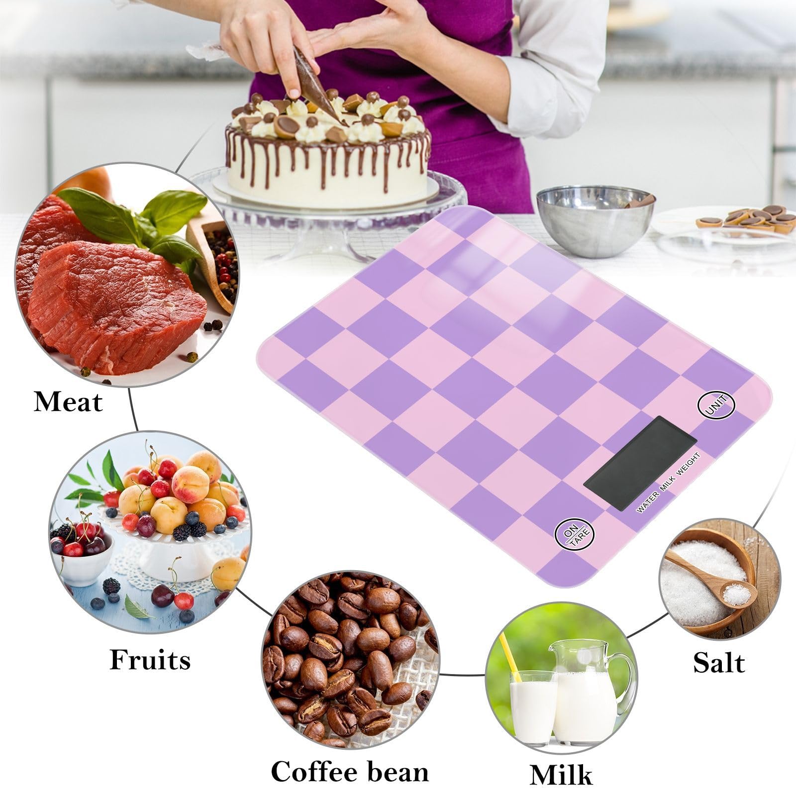 Báscula de cocina para hornear, cocinar, pesaje digital de alimentos, báscula de medición pequeña, impermeable, báscula eléctrica de alimentos a cuadros, color morado