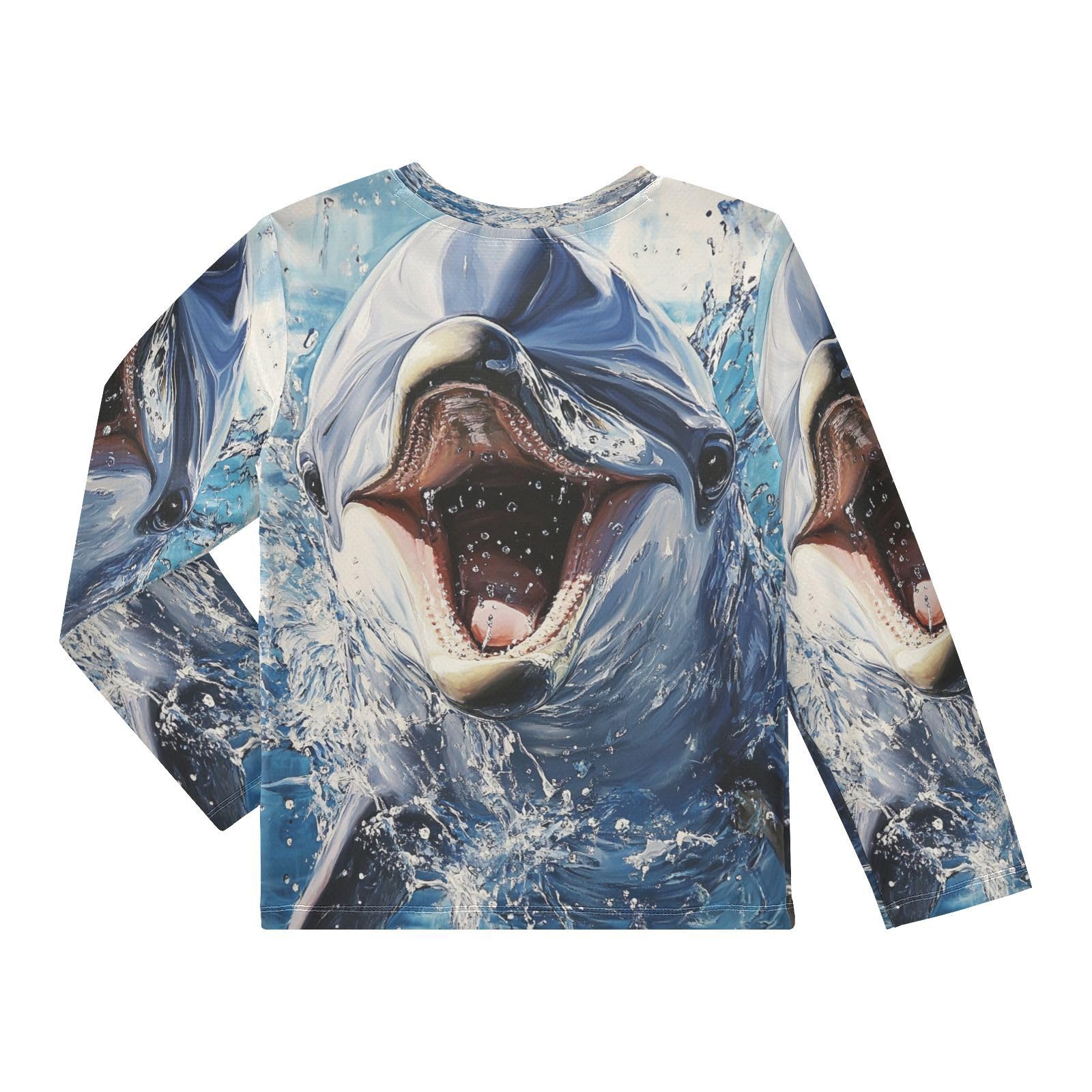 DOMIKING Dolphin Splash Blue Boys Long Sleeve Rashguard Shirt Kids Quick Dry Swim Shirt for Running Swiming Pool 11-12T