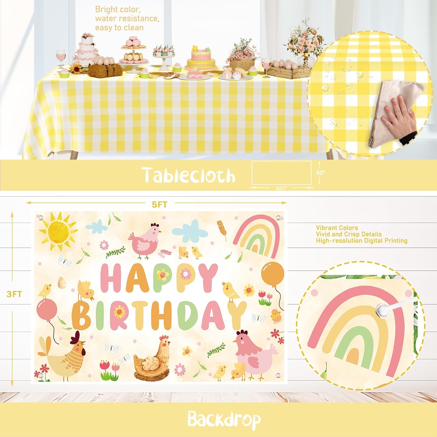 Party Inspo Chicken Chick Birthday Party Decorations – 124 Pcs Little Chick Birthday Party Supplies with Backdrop, Cake Topper, Chicken Printed Banner, Daisy Foil Balloon, Cupcake Topper, Tablecloth