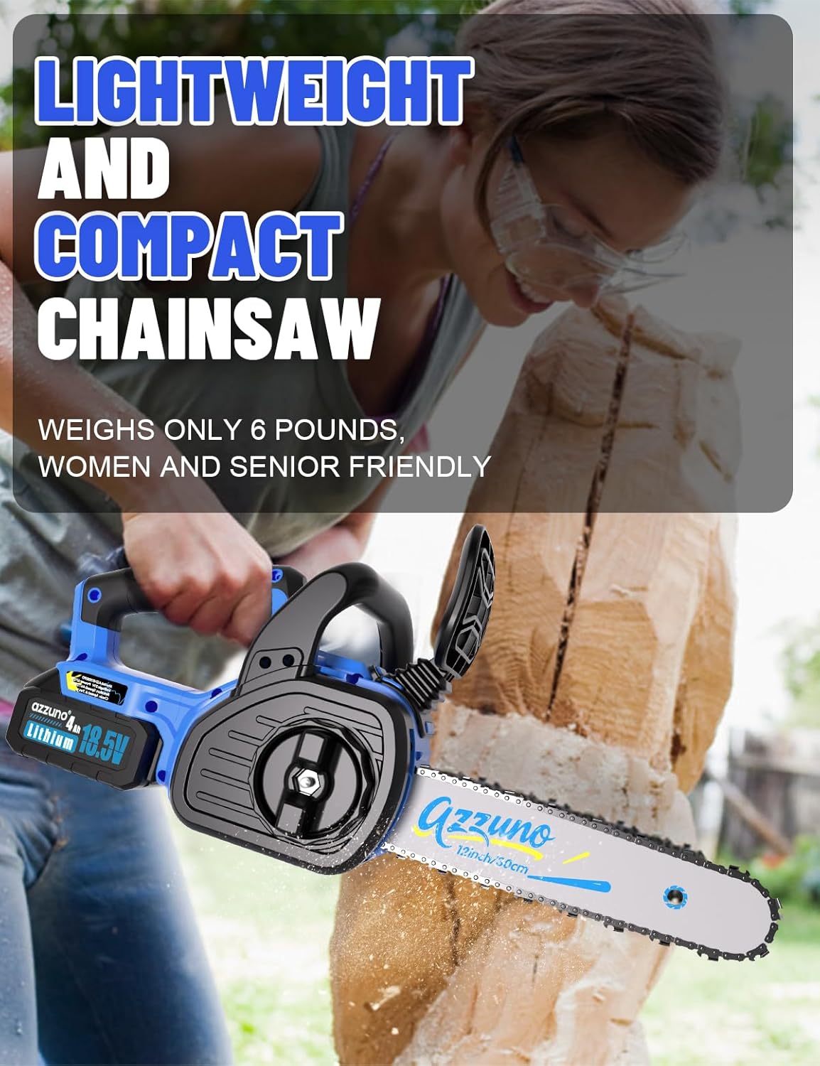 AZZUNO 12 Inch Electric Chainsaw Cordless With Tool-Free Chain Tensioning and Auto Lubrication, Brushless Battery Powered Chain Saw Kit For Tree&Wood Cutting,Battery and Charger Included.