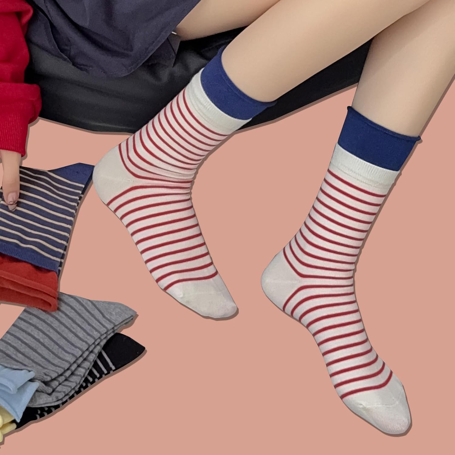 zrylibya Women Roll Top Ruffle Socks, Colorful Striped Pattern Vintage Crew Socks 4 Pairs - Image 2