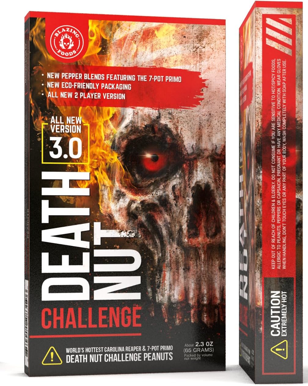 Death Nut Challenge Version 3.0 - Featuring Carolina Reaper, Ghost Pepper, Scorpion Pepper - 5 New Levels of Heat Crushes The one chip/hot chip Challenge All Day Long.