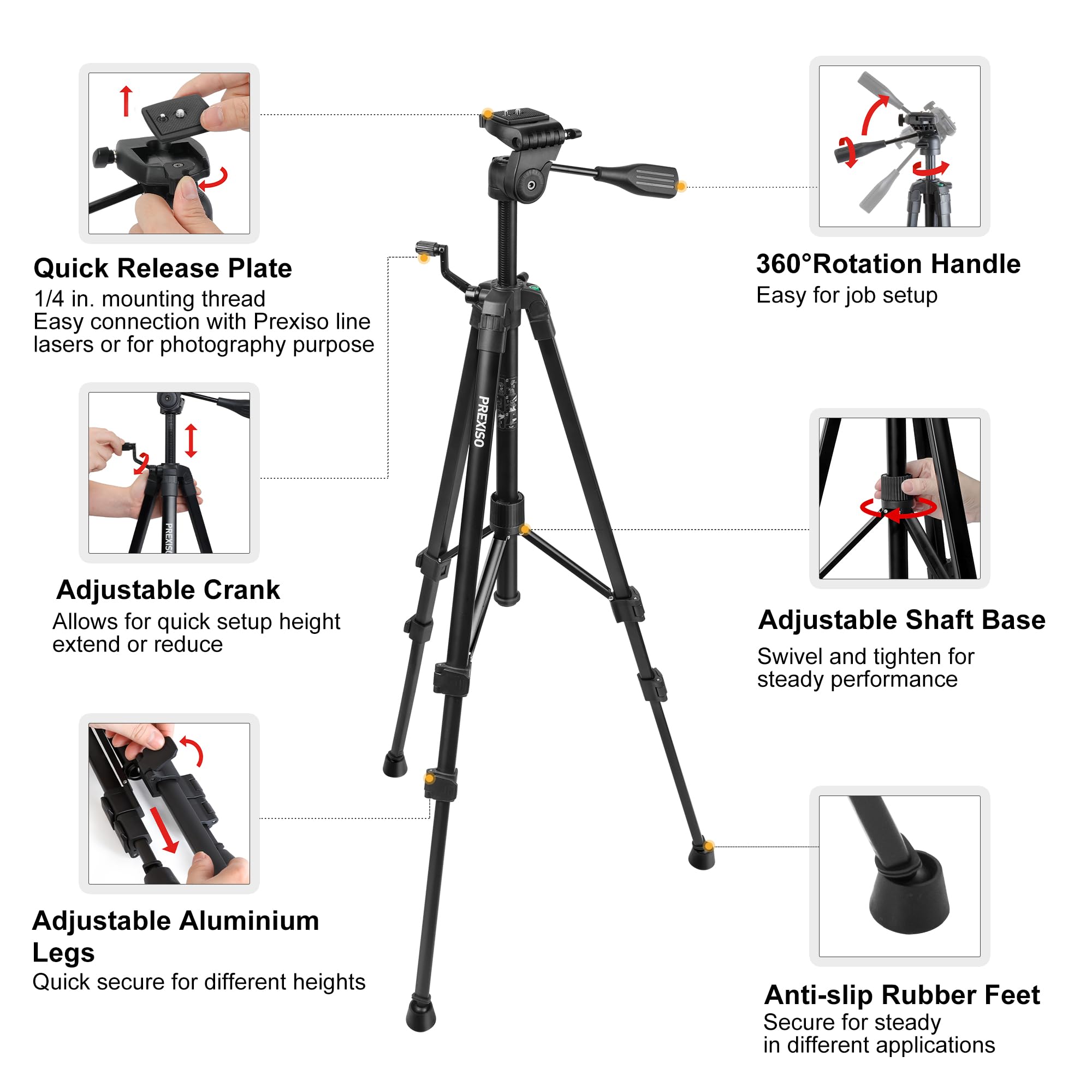PREXISO Trípode profesional de nivel láser – Trípode de aluminio resistente de 61 pulgadas para niveles láser, soporte ligero y extensible con bolsa, pies antideslizantes, placa de liberación rápida