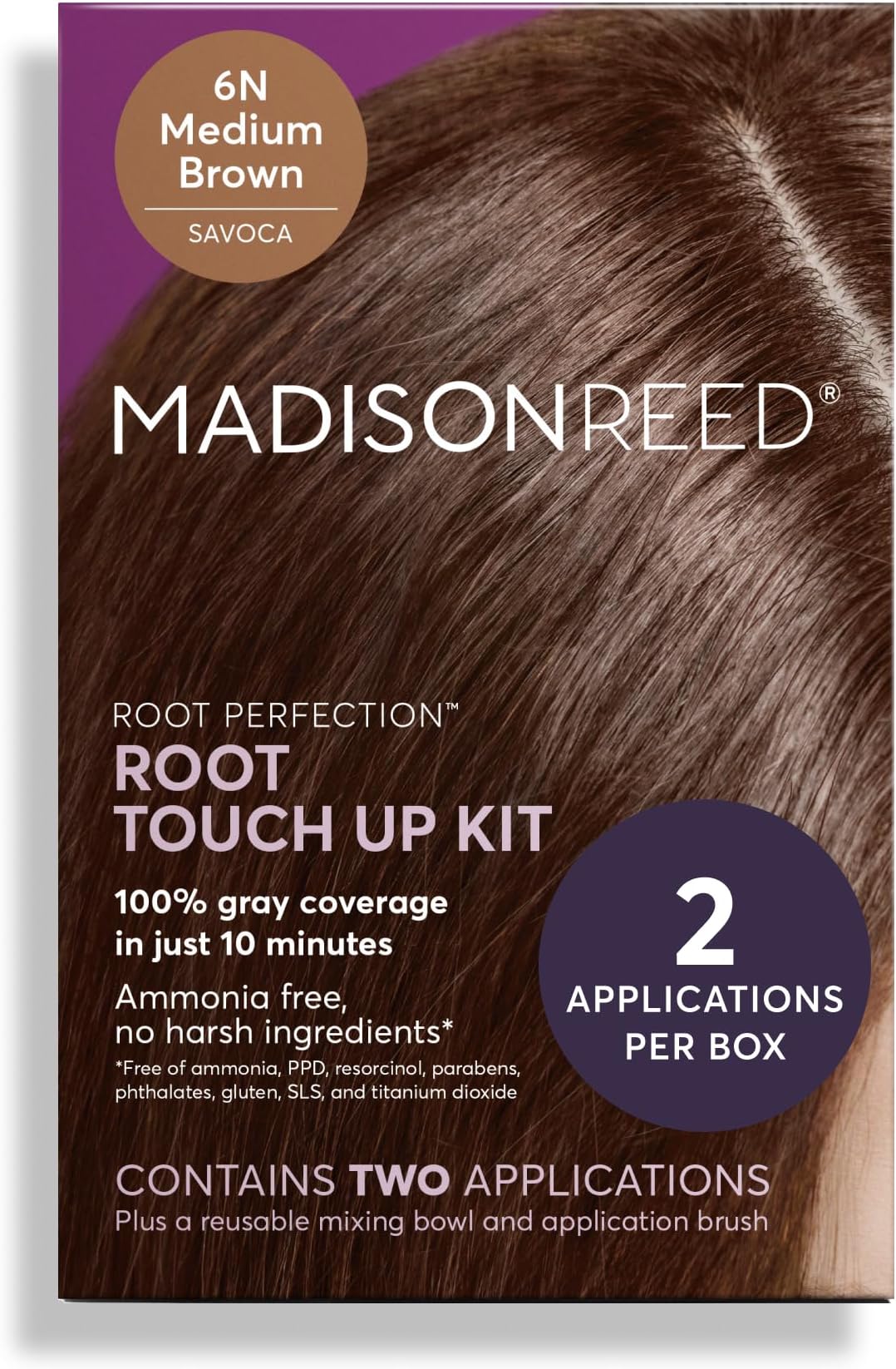 Root Perfection Permanent Root Touch Up, Medium Brown 6N Savoca, 10 Minutes for 100% Gray Root Coverage, Ammonia-Free Hair Dye, Two Applications
