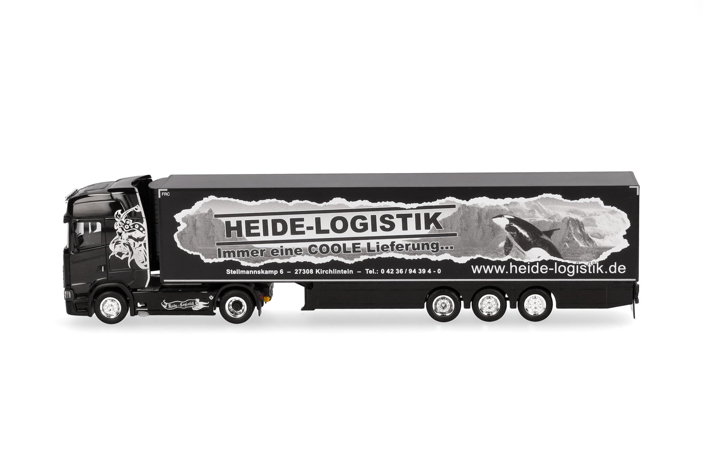 Herpa Model ciężarówki Scania CS 20 HD naczepa chłodnia "Heide Logistik", miniatura w skali 1:87, kolekcjonerski, Made in Germany, plastik