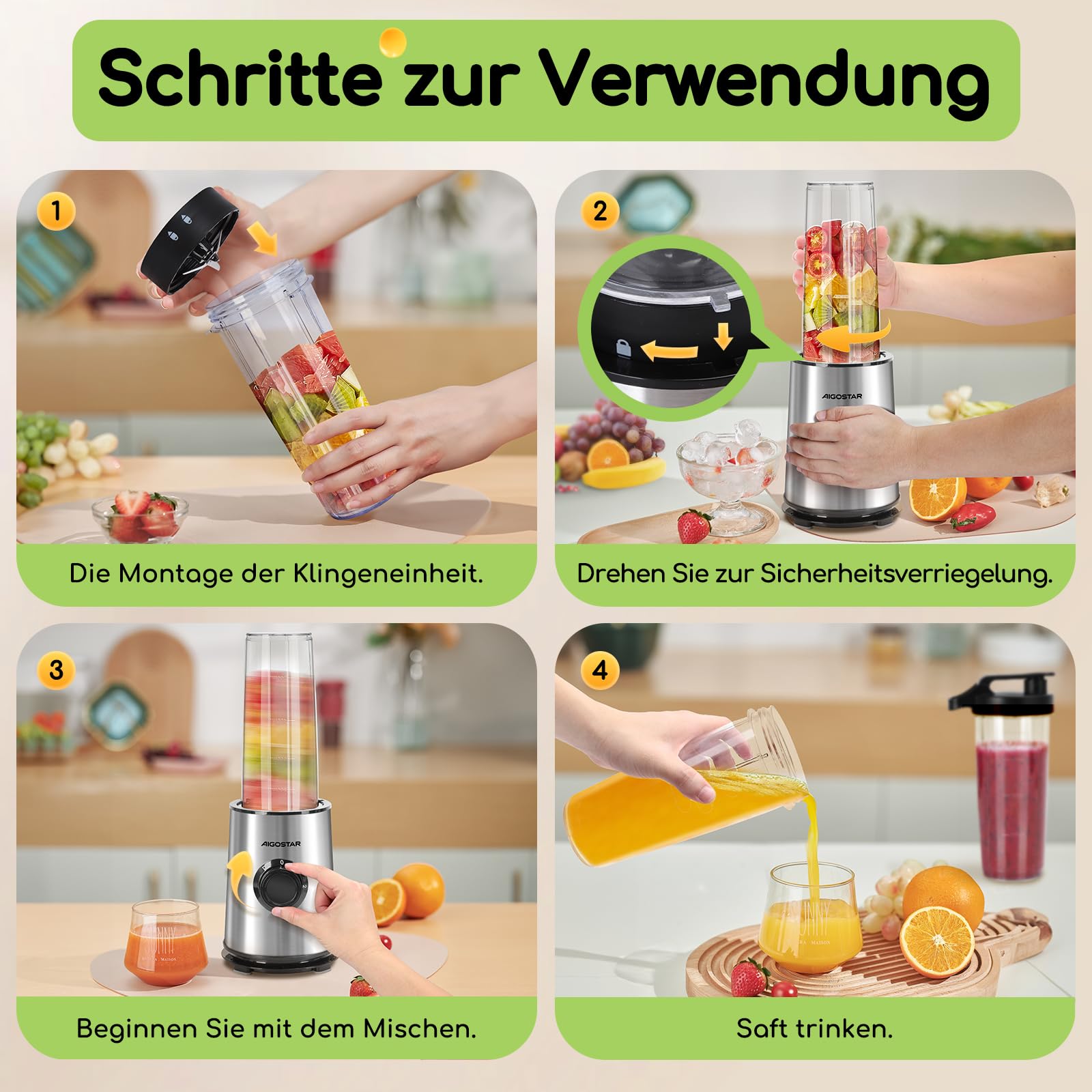 Aigostar Smoothie Maker, Mini Standmixer, 600W, 2 x 800ml Becher mit Reisedeckel, 2 Geschwindigkeitsstufen + Impulsfunktion, Ice-Crush-Funktionmit,Tritan-Kunststoff Flasche, BPA-frei. Baron