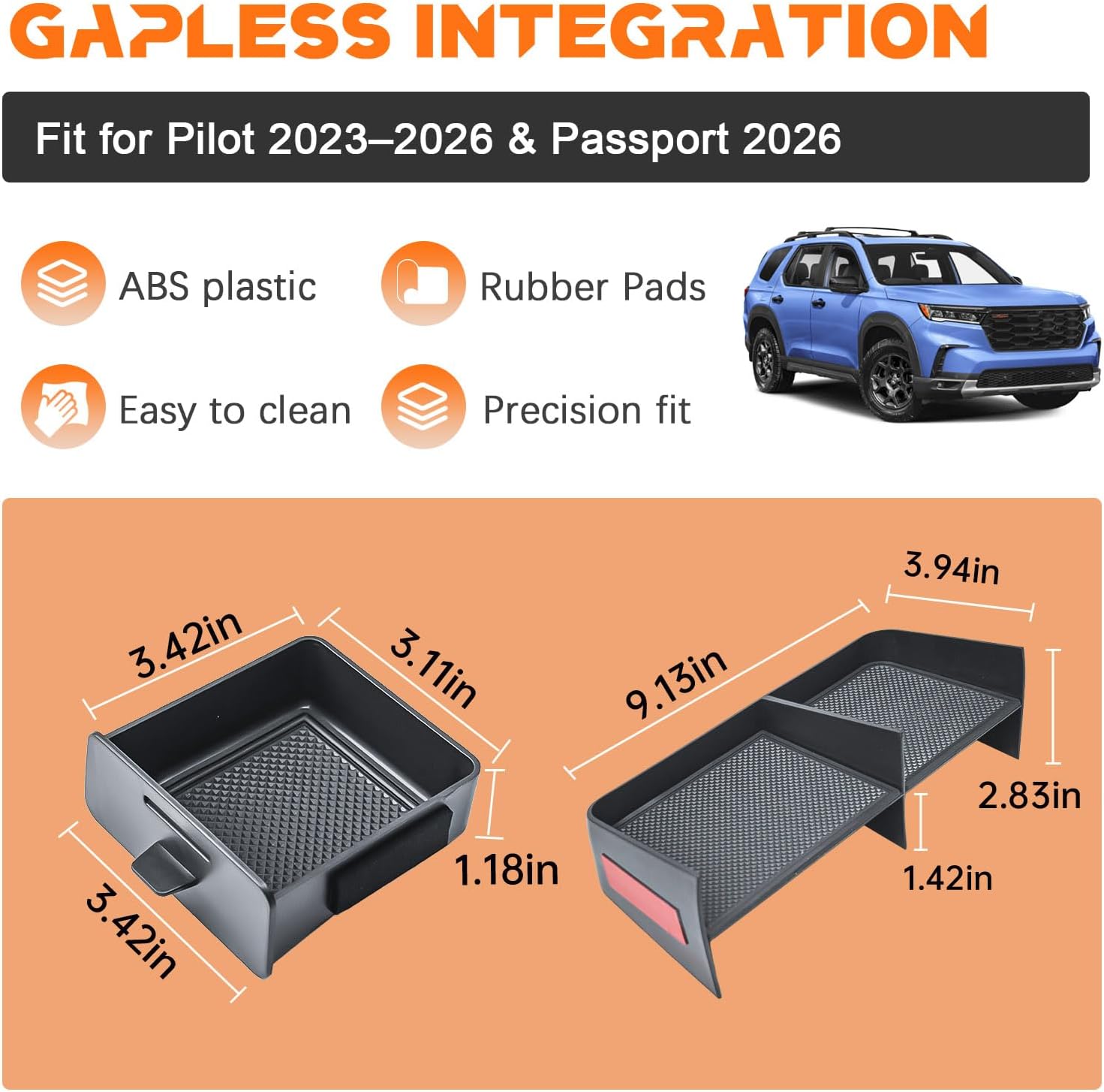 TACOBRO 2PCS Center Console Organizer Tray and for 2023-2025 2026 Honda Pilot & 2026 Passport – Custom Fit Secondary Storage Box with Rubber Pad Increased Storage Space Insert Tray