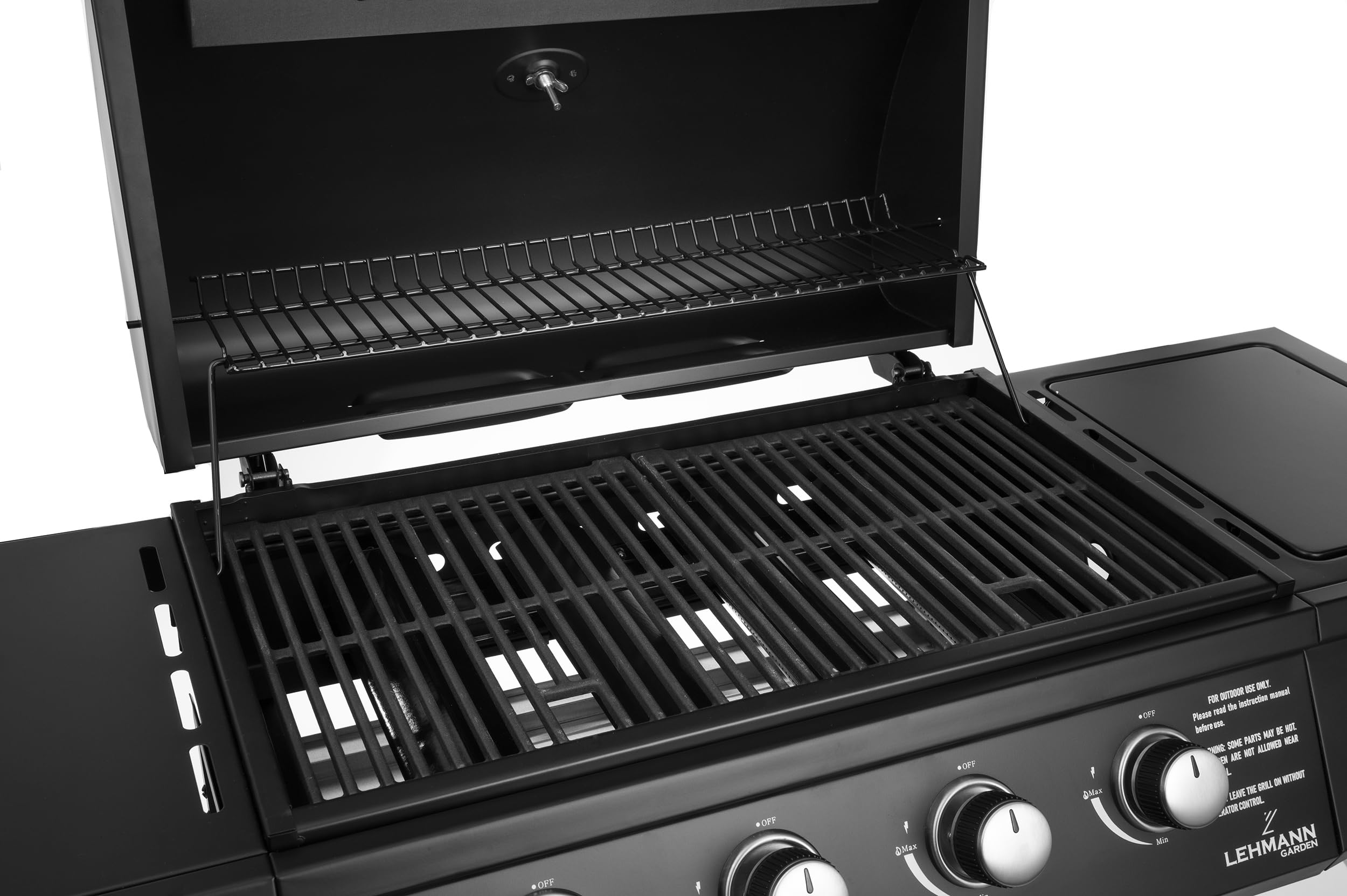Lehmann Grill gazowy Ohio Black, na kółkach, stal nierdzewna, czarny, 4 Palniki + Palnik Boczny, 9,3 kW, Żeliwny Ruszt 33 x 66 cm, z Termometrem i Szafką, Pokrowiec, reduktor i wąż