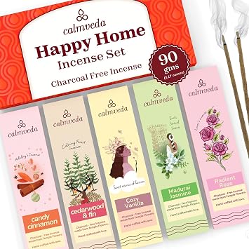 Happy Home Incense Sticks Multipack- 5 Variants Charcoal Free, Made from Upcycled Flowers | Insense Cozy Warm Sticks Like Vanilla Cake, Balsam Cedar, Rose & Cinnamon | Perfect Incense Gift Set