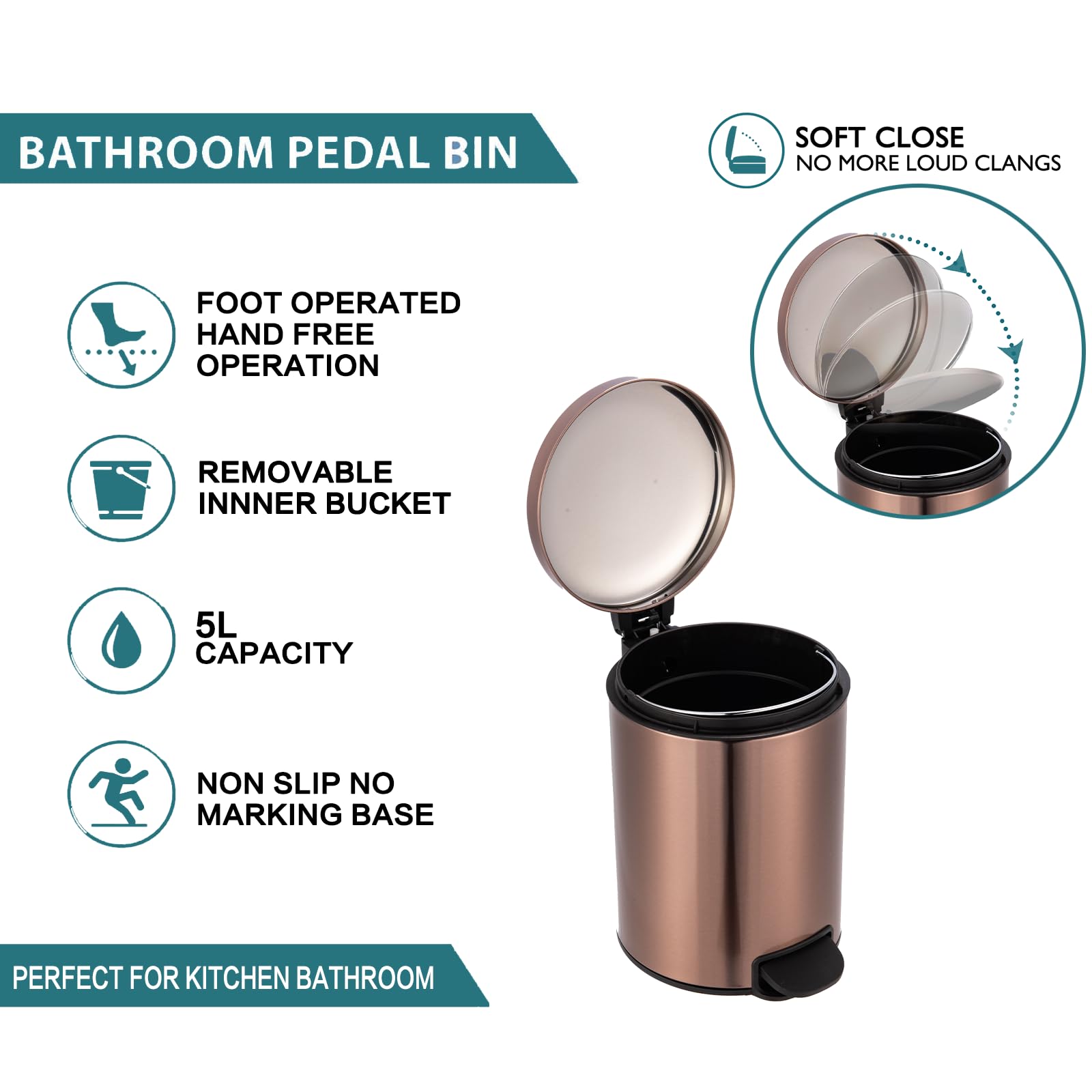 5L Papelera Baño con Pedales, Acero Inoxidable, Oro Rosa Papelera Baño Pequeña con Cepillo Para Inodoro, Diseño Compacto y Moderno, con Tambor Interior Extraíble y Cierre Suave, Para Pequeñas Oficinas