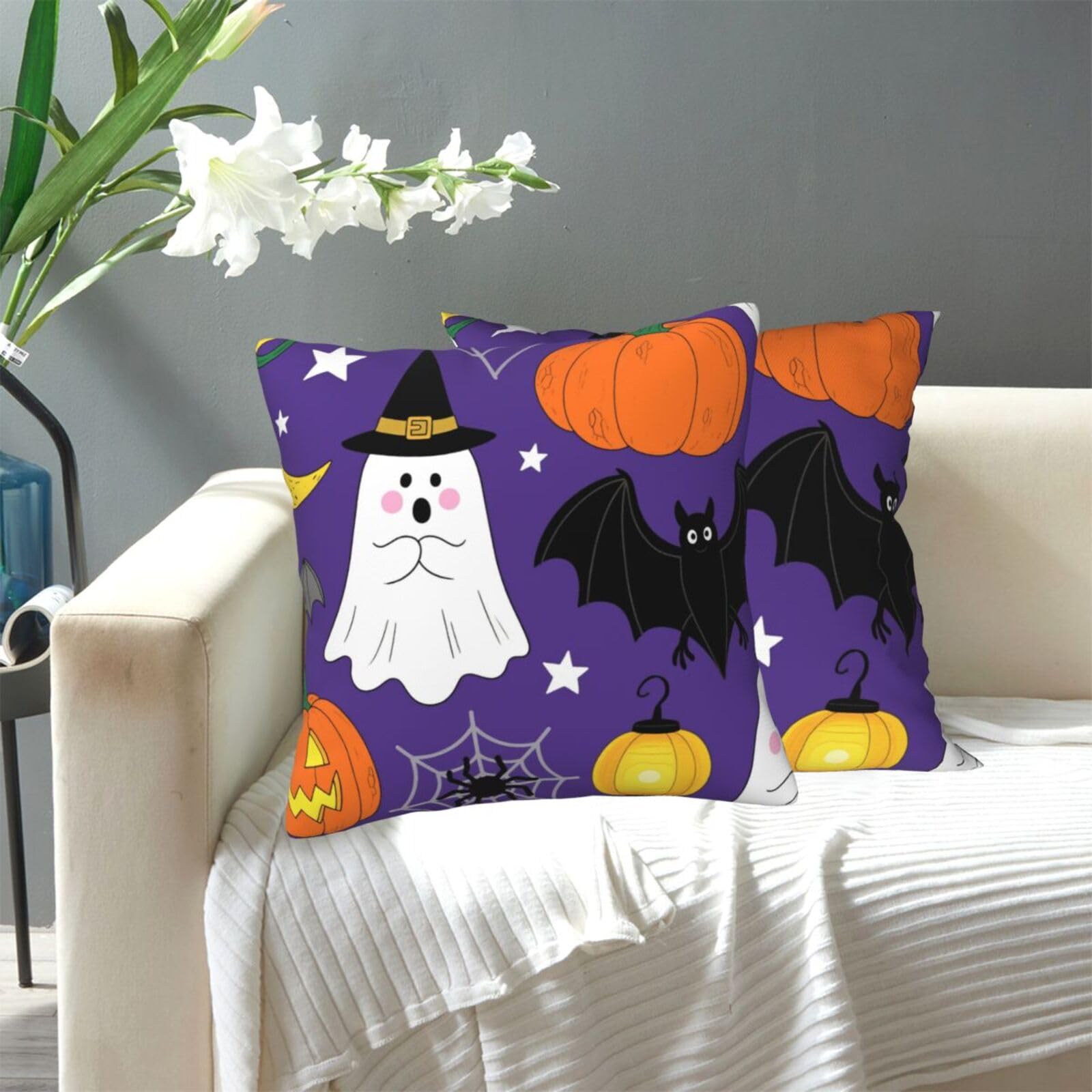 FekiLoot Decorative Throw Pillow Covers Modern Farmhouse Pillowcase Double Sided Cozy Cushion Cover for Sofa Couch Bed 18"X18" Ghost Pumpkin Moon Bat Spider Web