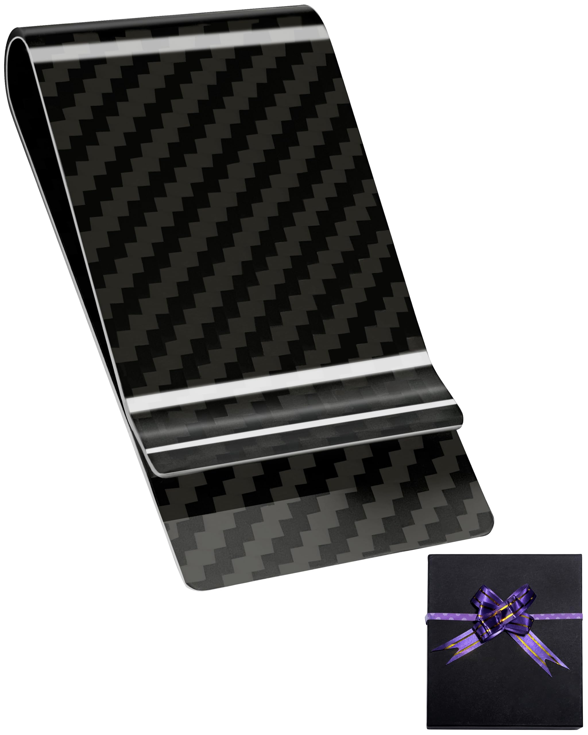 WAFJAMF Carbon Fiber Money Clip Credit Card Wallets Business Card Clip Front Pocket Clips for Men (Bright Black with Gift Box)