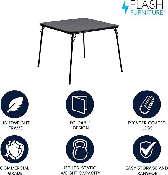 Flash Furniture Madelyn 33.5 Square Folding Multipurpose Card Table with Padded Vinyl Top, Portable Folding Game Table for 4 Players, Black