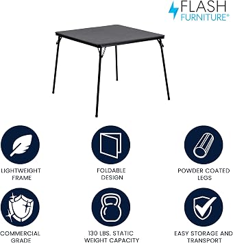 Flash Furniture Madelyn 33.5 Square Folding Multipurpose Card Table with Padded Vinyl Top, Portable Folding Game Table for 4 Players, Black