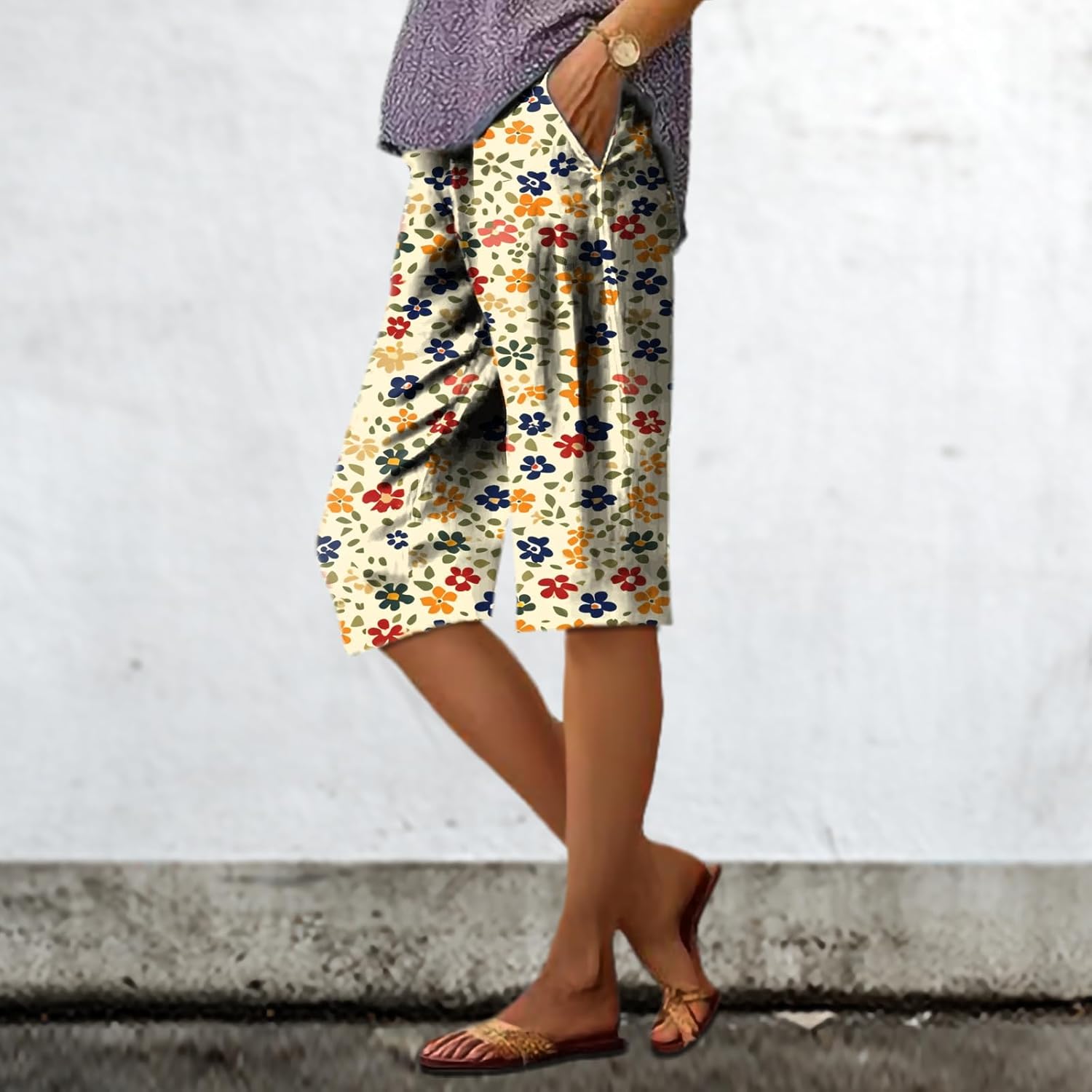 Summer Shorts for Women 2025 Vintage Floral Business Casual High Waisted Elastic Waist Wide Leg Pants - Image 2