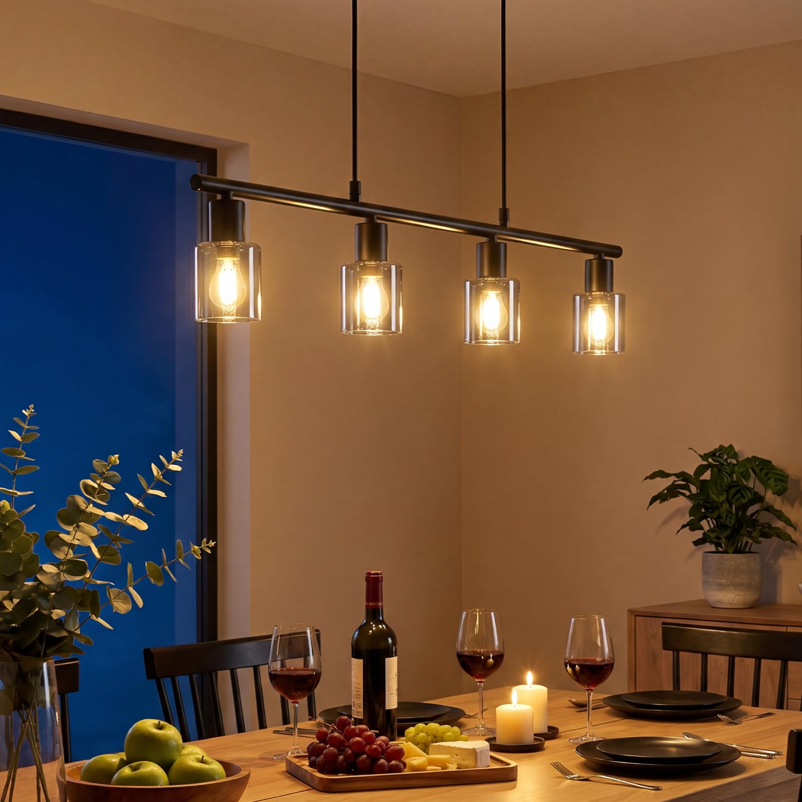 Hängelampe 4 flammig Pendelleuchte esstisch - Vintage Esstischlampe hängend Schwarz industrial Hängeleuchte Glas E14 retro Esszimmerlampe Pendellampe für Esszimmer Küche (Ohne Leuchtmittel)
