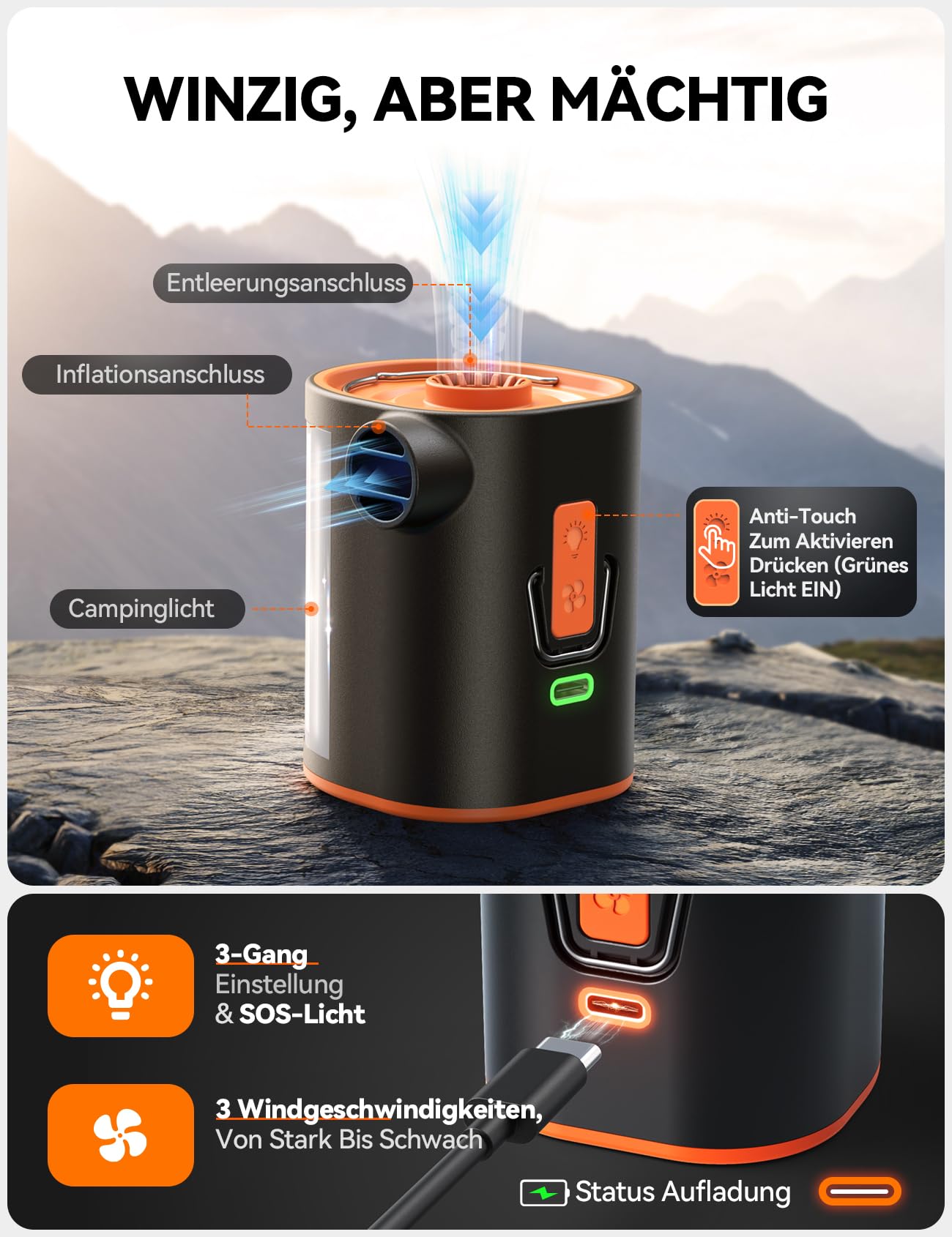 JOYROOM Elektrische Luftpumpe Kompakte für Luftmatratze mit Campinglampe, 4.8 kPa Wiederaufladbare Luftpumpe Luftmatratze mit 3600 mAh Akku Inklusive 6 Düsen Für Luftkissen Schwimmring Vakuumbeutel