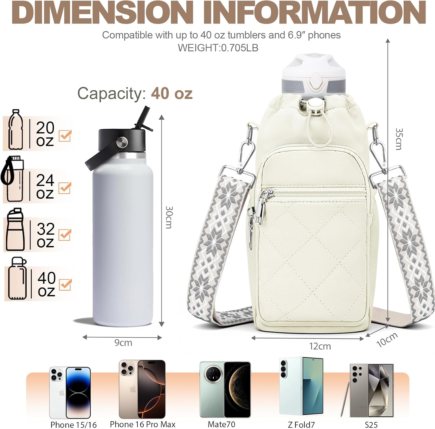 Water Bottle Carrier Bag with Strap, Water Bottle Purse with Phone Pocket 40oz for Walking Hiking - Image 6