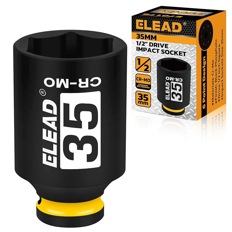 Soquete de impacto profundo ELEAD 35 mm com encaixe de 12,7 mm (1/2 pol.), 6 pontos, aço CR-MO, código 70176