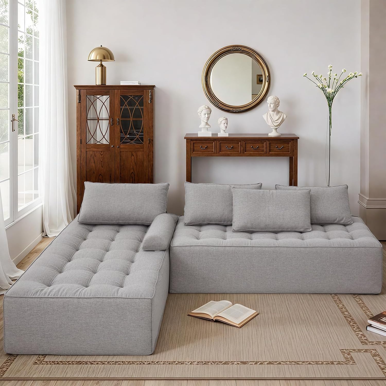 HOMREST 116” Modular Sectional Sofa, L Shaped Modular Couch with Chaise, Deep Seat Cloud Sofa, Boneless Foam Sectional Couch, Low Profile No Assembly Sofa for Living Room & Family Room（Grey）