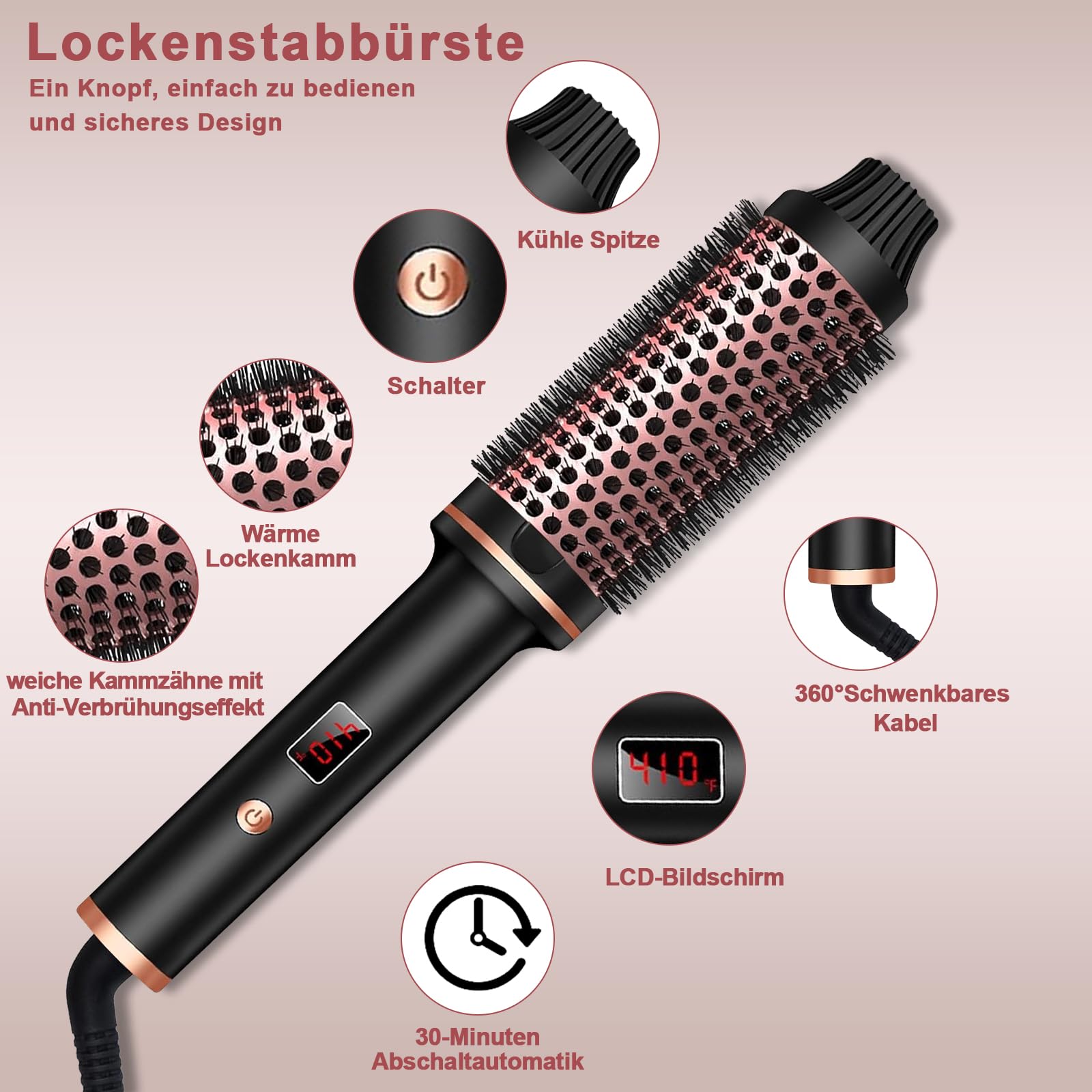 Heated Round Brush 38mm, Elektrische Lockenbürste,Thermobürste Rundbürste, Rundbürste LCD Anzeige 120-210℃, für Wurzelvolumen und lockere Locken, Dual-Spannung, Passend für Reise, Thermal Brush 3 in 1