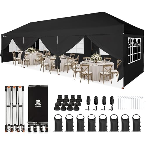 CROWN SHADES 10X30 Pop Up Canopy Tent with Sidewalls, Instant Setup, Black