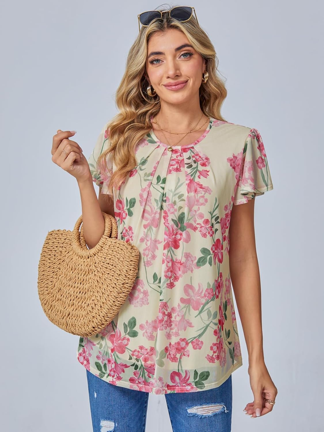 BAISHENGGT Womens Blouses Dressy Casual Shirts Flutter Short Sleeve Pleated Front Mesh Summer Tunic Tops - Image 2