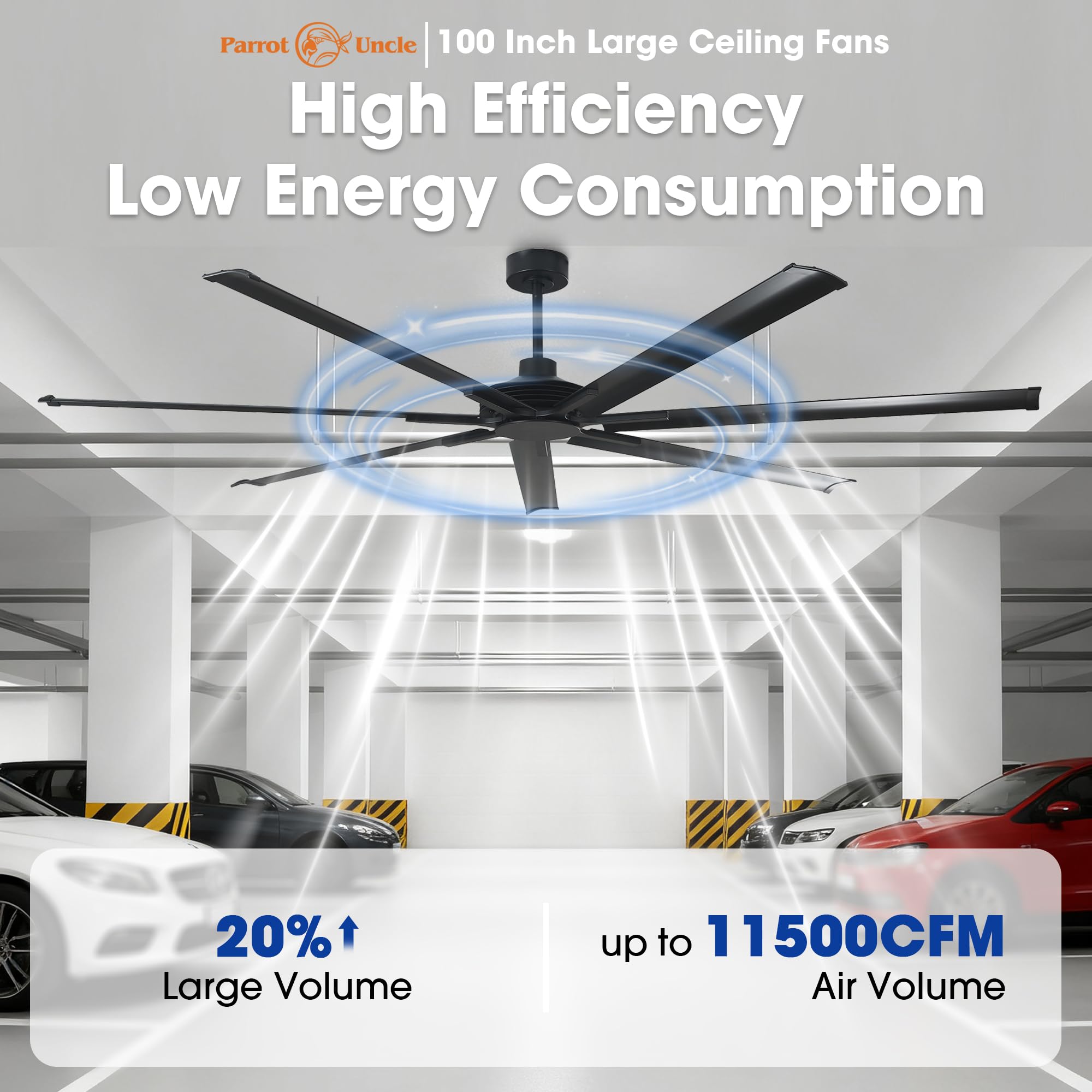 100 Inch Ceiling Fans without Lights Industrial Black Large Ceiling Fan No Light for Living Room Shop Garage — view 4