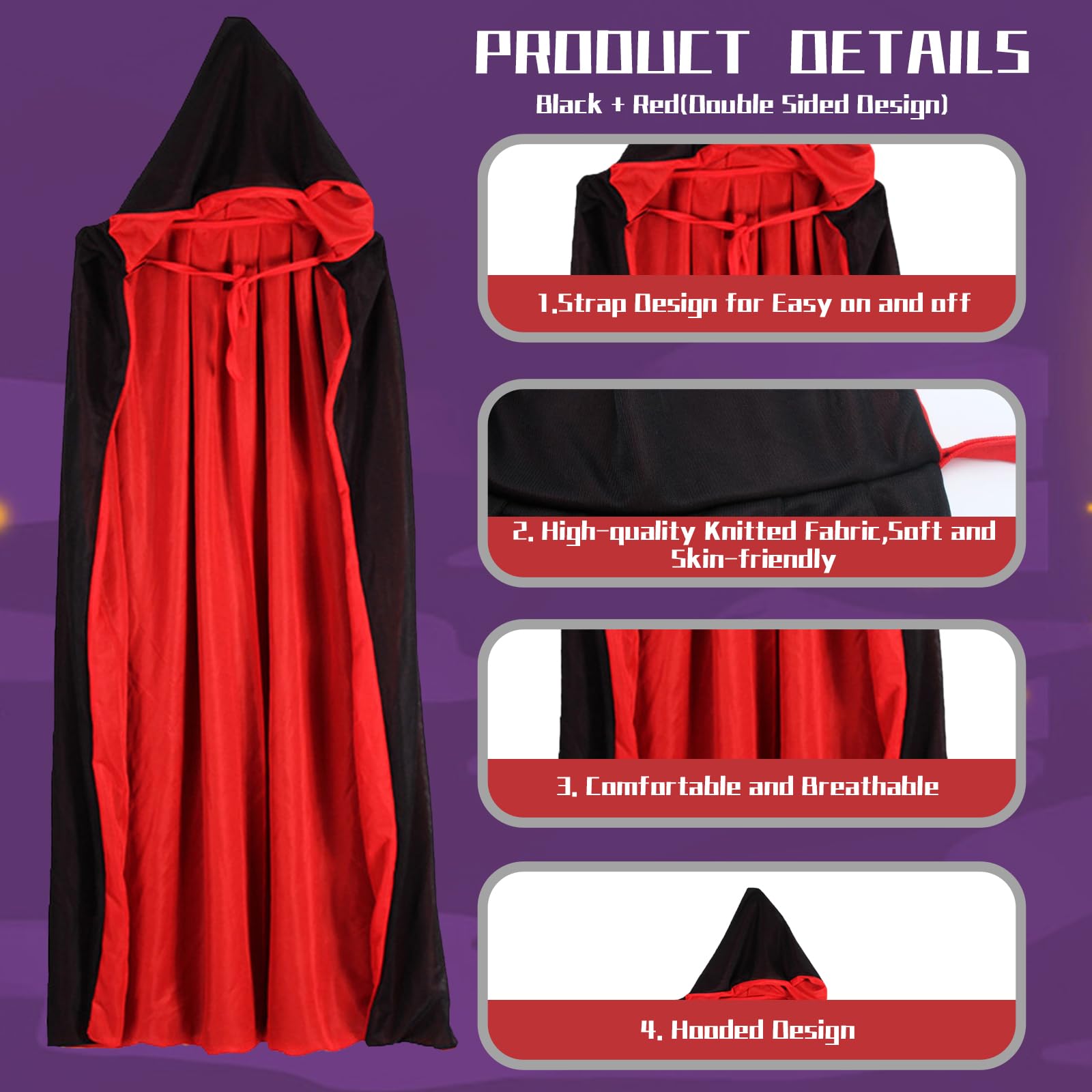 Red Riding Hood Costume Adult, Easter Red Cape Adult Costume, Double Sided Red and Black Cloak with 140 cm Length - Image 3