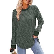 Saloogoe Sweaters for Women Long Sleeve Shirts Fall Outfits 2025 Tunic Tops Loose Fit Crewneck Color Block Ribbed Collar