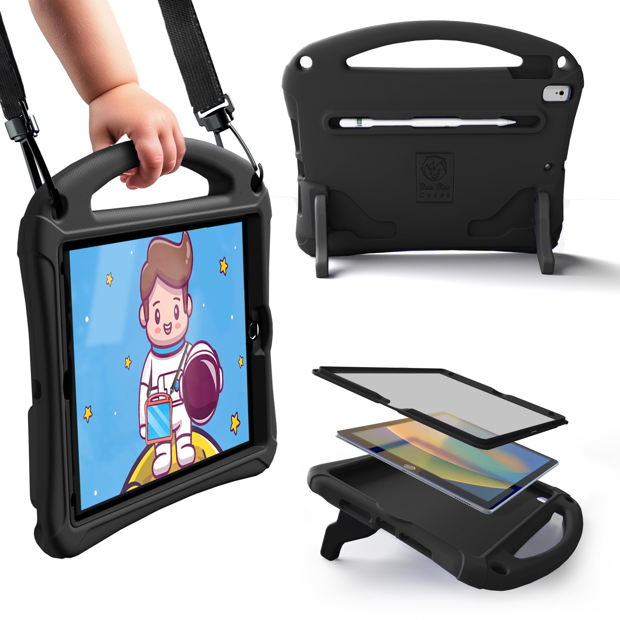Bam Bino Space Suit iPad 9th Generation Case Kids, iPad 8th/7th (2021/2020/2019) 10.2 inch iPad Case, Lightweight shockproof with Screen Protector, Shoulder Strap, Handle, Stand (Cosmic Black)