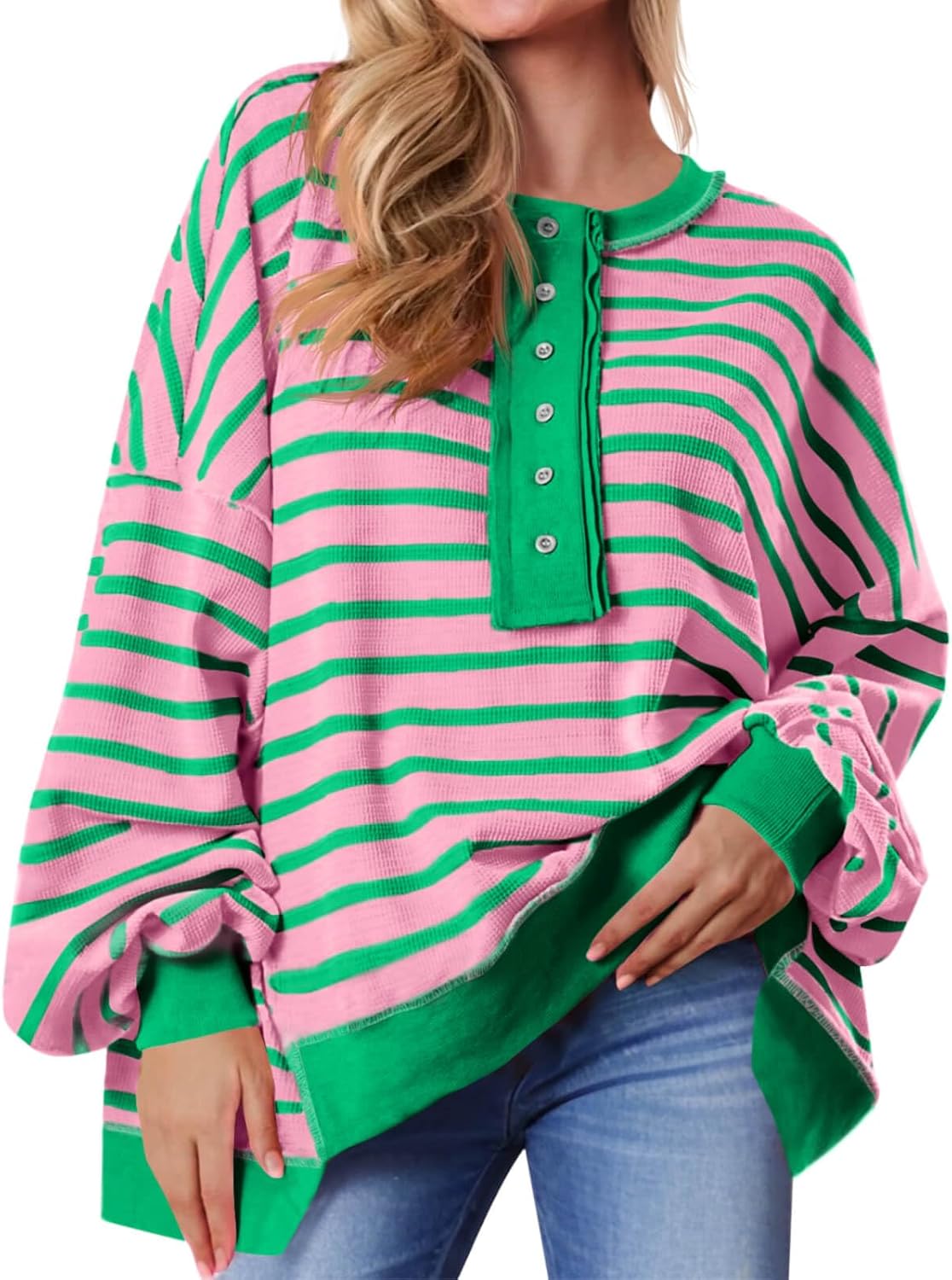 Tankaneo Womens Oversized Striped Sweatshirts Henley Shirts Color Block Casual Pullover Waffle Knit Tops