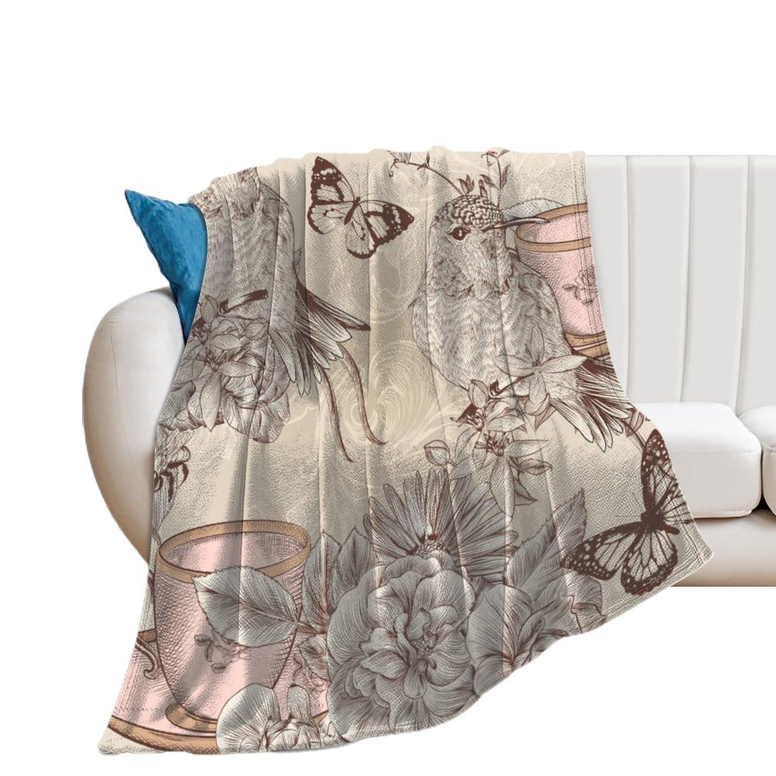Couverture polaire douce flanelle oiseau vintage pour un intérieur chaleureux