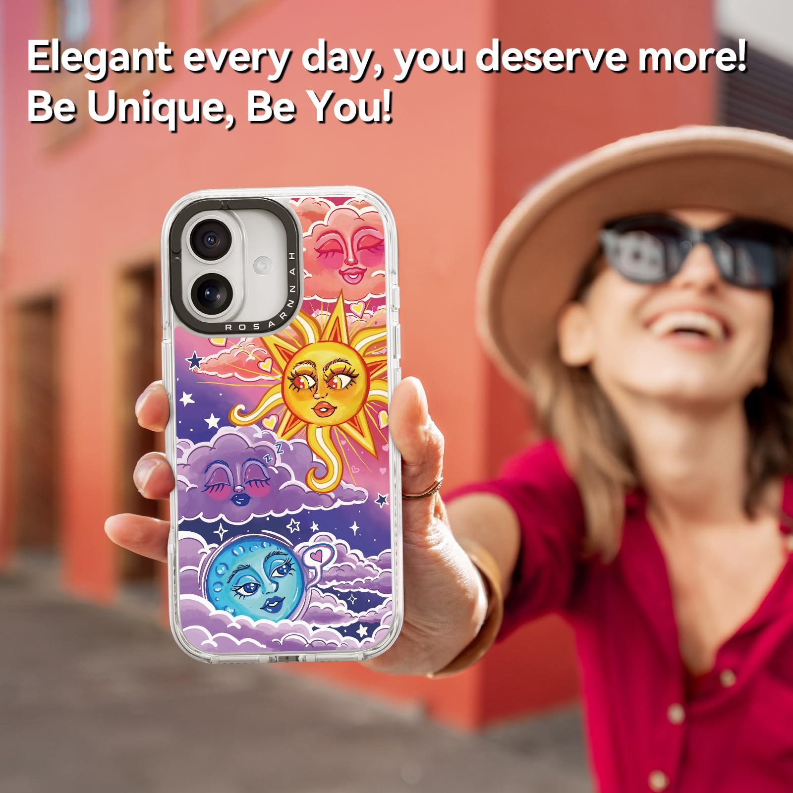 Rosarnnah Funda compatible con iPhone – Funda duradera a prueba de golpes de impacto de caída de 6.5 pies – Divertido diseño de día y noche para iPhone (6.1 pulgadas), transparente
