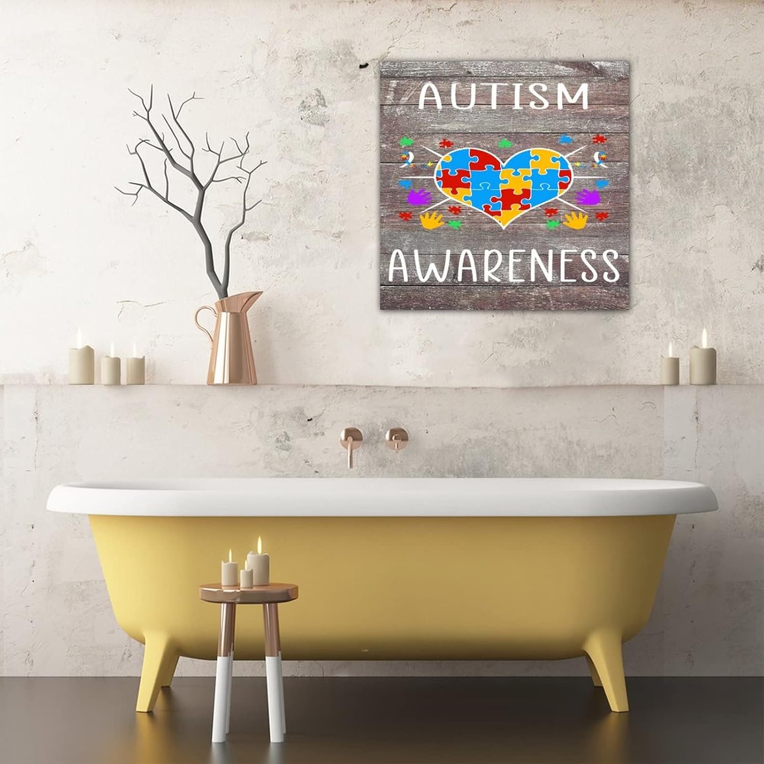 CustonCares Autism Awareness Puzzle Piece Wood Plank Hanging Sign Wall Art Decoration Personalized ASD Supporter Gift Watercolor Paint Signs Retro Wooden Signs for Bedroom Indoor Outdoor 16x16in