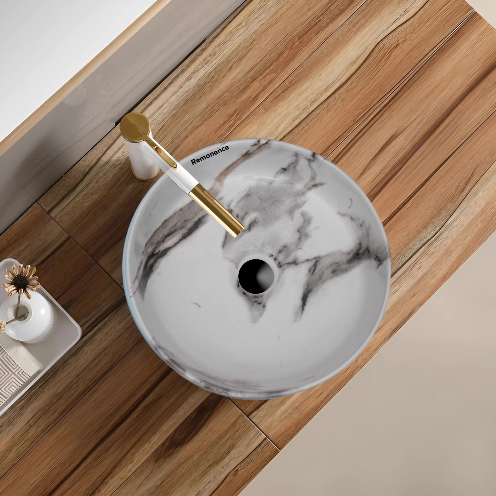 REMANENCE Round Countertop Wash Basin | Designer Table Top Bathroom Basin Sink | Vessel Sink Wash Basin Over Counter for Bathroom, Hotel, Home Living Room (12.5 x 12.5 x 5 Inch) (Designer White Grey) 1