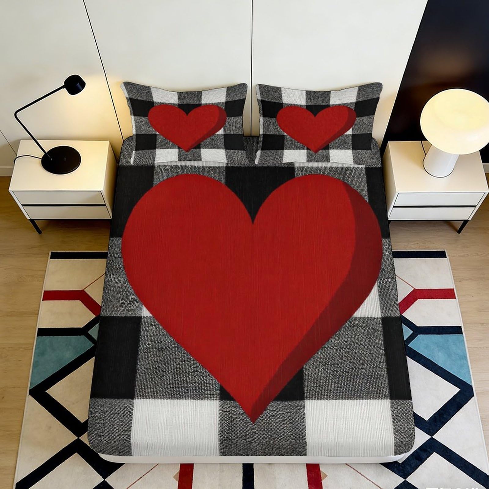 Ctjqhvmx Style-2 3D Printed Heart Plaid Microfiber Fitted Sheet Deep Pocket Non-Slip Bedroom Bedding Heart Mattress Fitted Cover 90X200x25cm 90X200x25cm