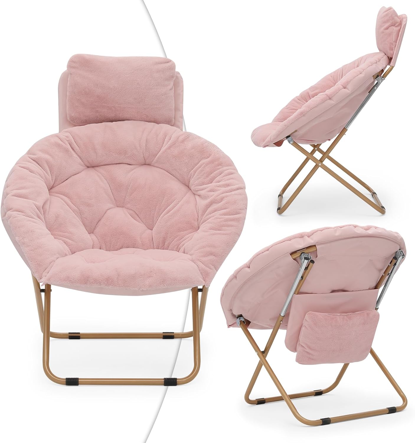 Magshion Saucer Chair with Removable Headrest, Folding Moon Chair for Adults, Oversized Comfy Reading Seat for Bedroom, Living Room, Dorm Room, Apartment (Pink,)
