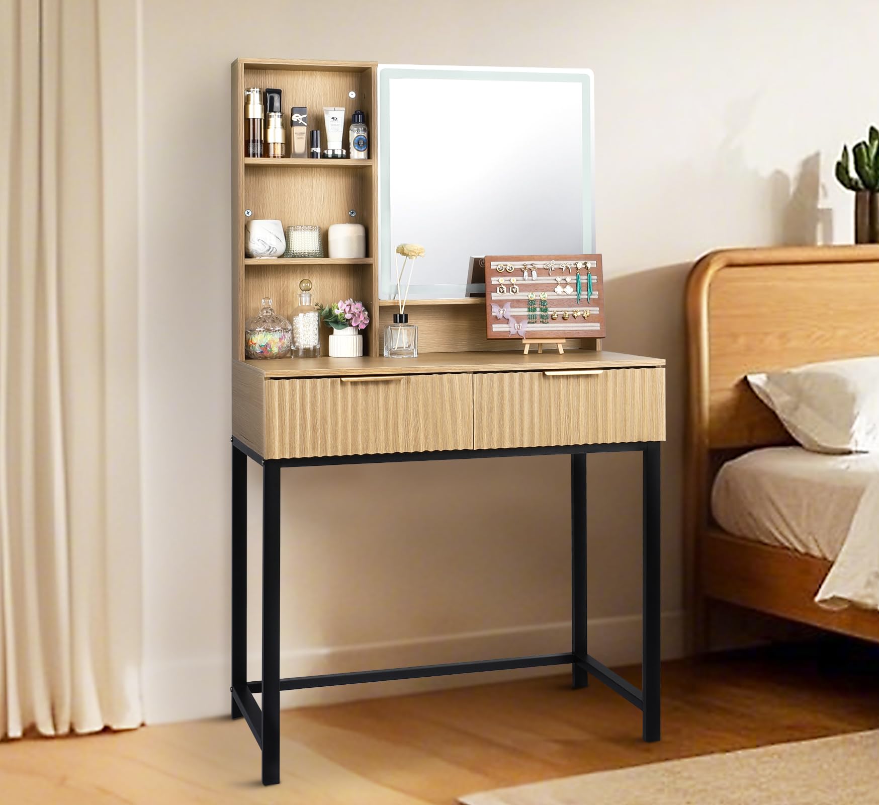 Makeup Vanity Desk with Mirror Oak, Modern Minimalist Dressing Table 3-Color Adjustable Light Mirror, 2 Drawers with Gold Handles Elegant and Practical Storage Solution for Bedrooms and Dressing Rooms