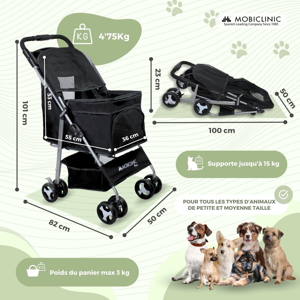 Mobiclinic®, Poussette Buggy Pliable Chien, Les petits et chiens âgés, Zuma, Jusqu'à 15 kg, Roues avec freins à 360°, Panier xxl, 3 fenêtres, Porte-gobelet (noir)