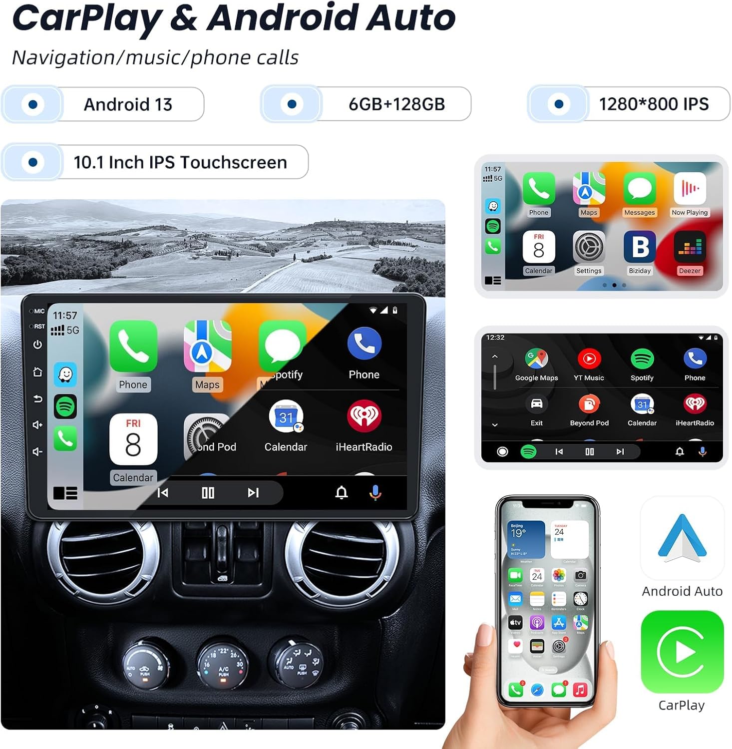 8Core 4GB+64GB Car Radio for Jeep Wrangler JK 2007-2017: 8 Core Stereo Upgrade with Wireless Carplay Andriod Auto 10.1" HD Touchscreen Bluetooth Backup Camera 5GWIFI GPS FM SWC